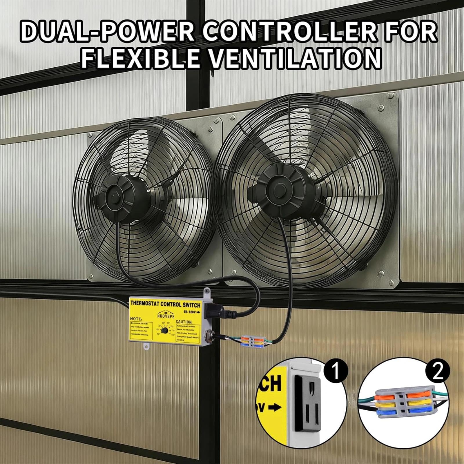 Termostato di controllo della ventola da soffitta con presa e connettore a filo, termostato plug-in regolabile con protezione da sovraccarico, controller compatibile con doppia ventola per