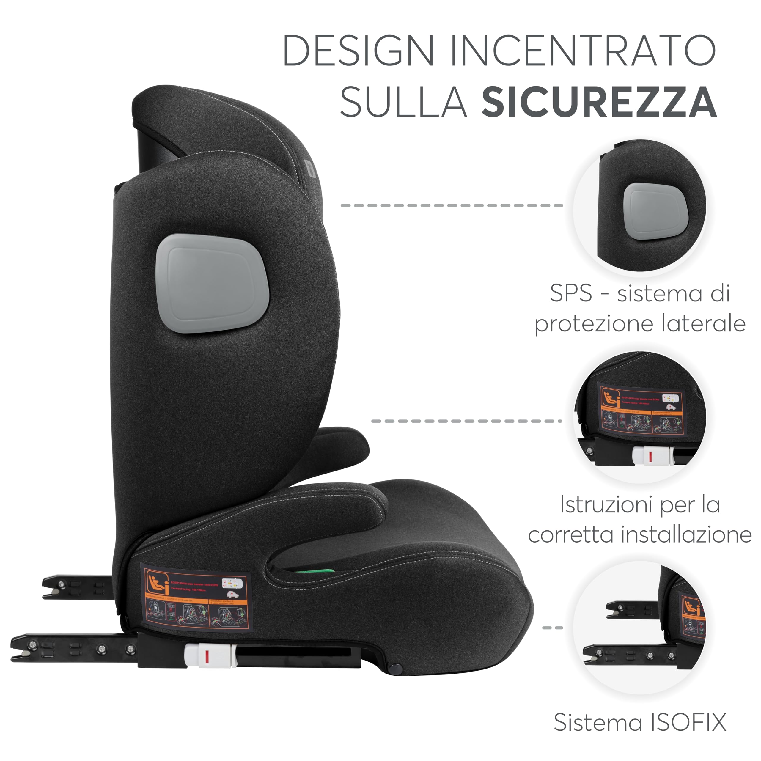 KikkaBoo Seggiolino Auto 15-36 kg ISOFIX i-TRACK, Gruppo 2-3 da 3.5 a 12 Anni, i-Size, Protezione Laterale SPS, Poggiatesta Regolabile 12 Posizioni, Nero