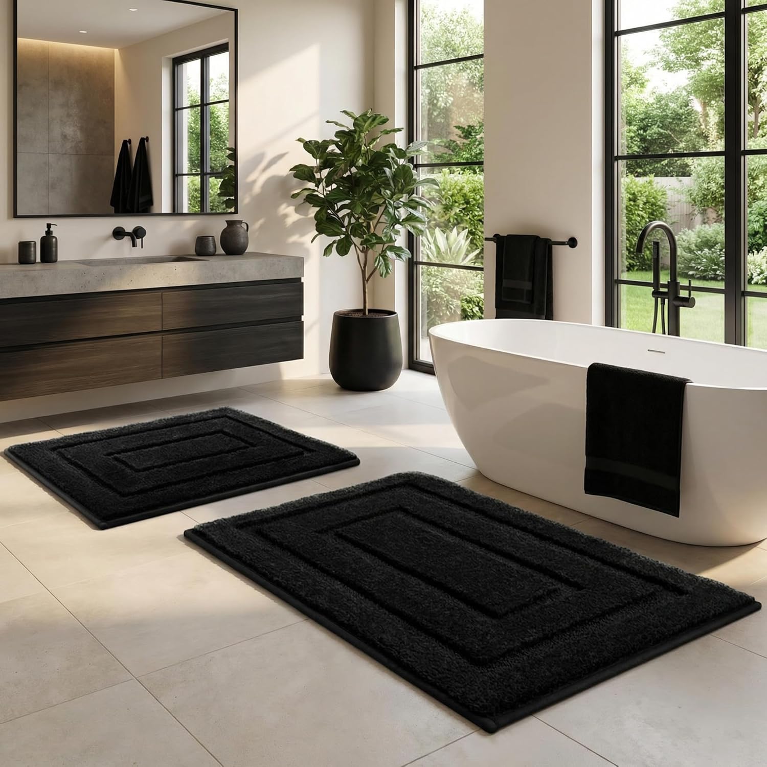 GRANNY SAYS Bathroom Rugs Sets 2 Piece, Super Soft Absorbent Microfiber Bath Mats for Bathroom Non Slip Washable, Bath Rugs Set for Shower Tub Toilet Decor (Black, 16" x 24" + 20" x 32")