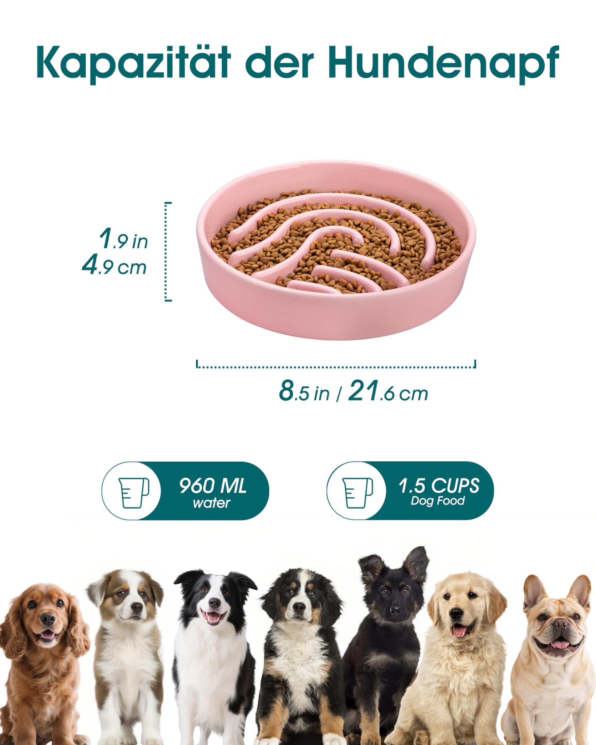 vancasso Hundenapf, 960ml Hundenapf aus Keramik, Anti Schling Napf Hund für Kleine und Mittelgroße Hunde, Futternapf Hund Rutschfestem Design, Rosa