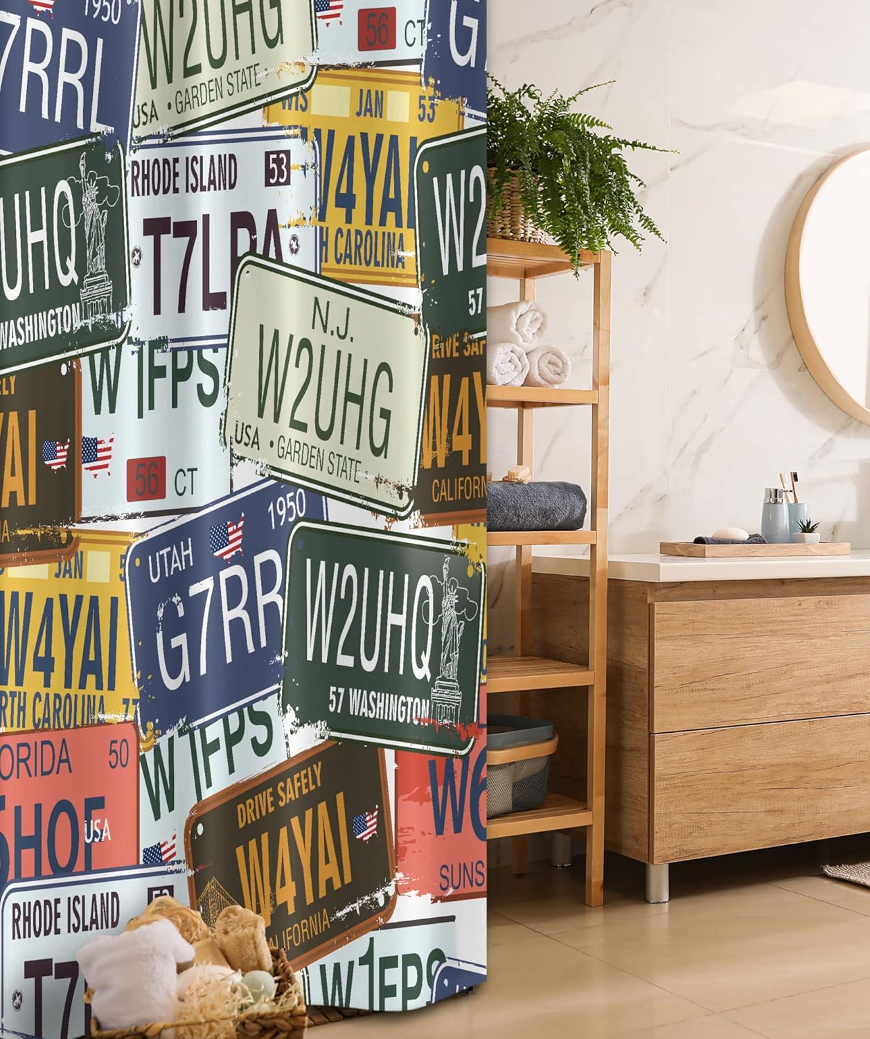 Ambesonne Vintage Stall Shower Curtain, Original Retro Style License Plates Personalized Creative Travel Vacation, Fabric Bathroom Decor Set with Hooks, 36" W x 72" L, Green Blue Yellow