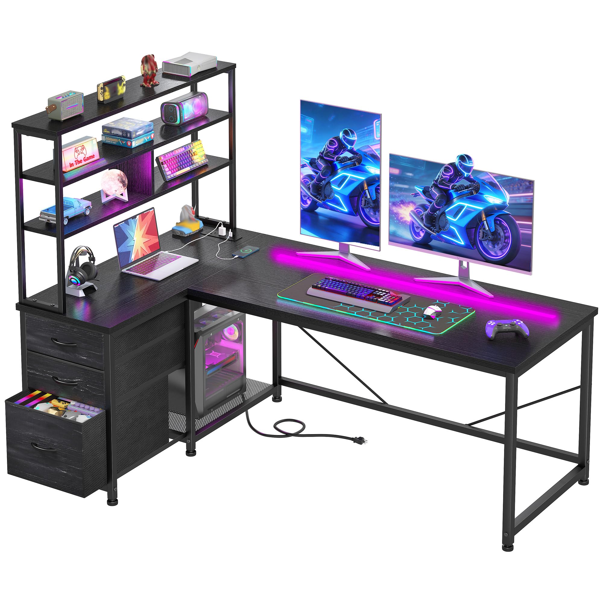 Cliporix 140cm L Shaped Gaming Desk with 3 Drawers & 3-Tier Zoned Shelves, Big Sturdy Reversible Computer Desk with LED Lights & Power Outlet & CPU Stand, Black Corner Gaming Table for Students