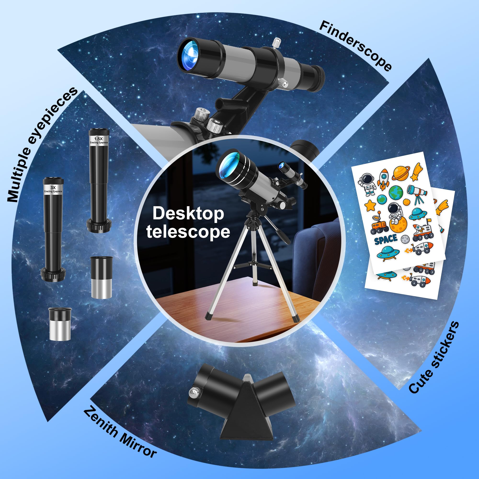 Télescope réfracteur pour et Adultes, pour débutants, Ouverture de 70 mm, Distance focale de 300 mm, avec Montage équatorial, idéal pour l'observation de la Lune