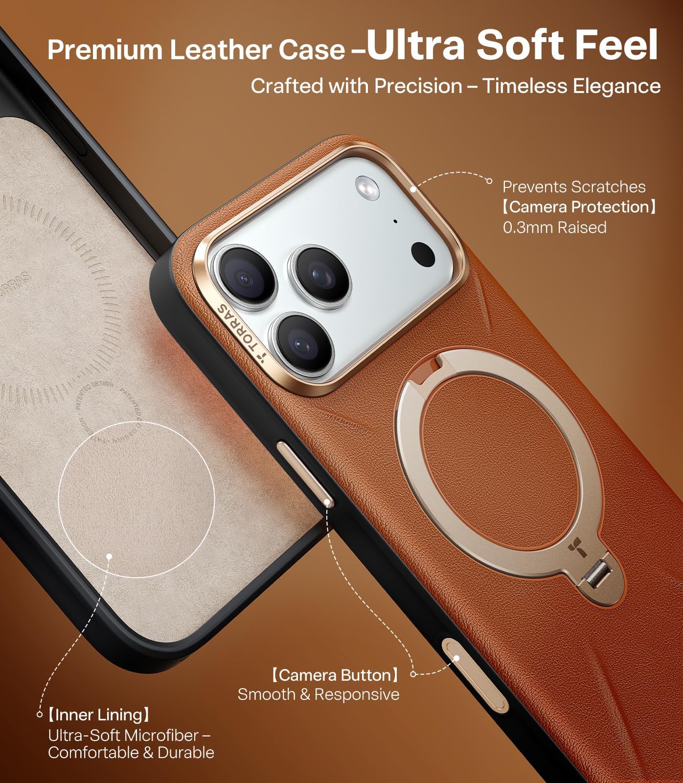 TORRAS Ostand Q3 VegSkin Cover per iPhone 17 Pro, Custodia Ostand Q3 VegSkin in Pelle di Silicone Sostenibile, Supporto Magnetico Invisibile a 360°, Pelle di Alta Qualità, Ultra Sottile, Marrone