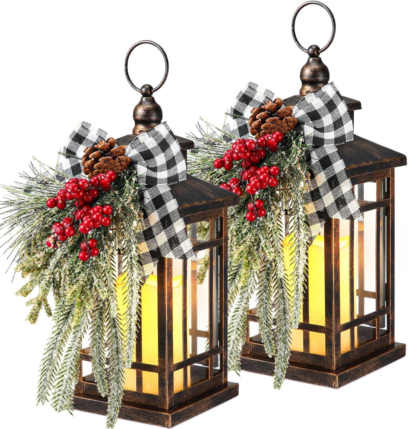 Baquler Christmas Candle Lantern 14" LED Christmas Lantern with Plaid Bow Christmas