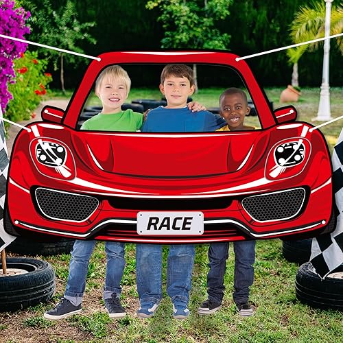 Vista 7 de Decoración de fiesta de cumpleaños de coche de carreras, accesorios de cabina de fotos con temática de autos de carreras, telón de fondo de tela