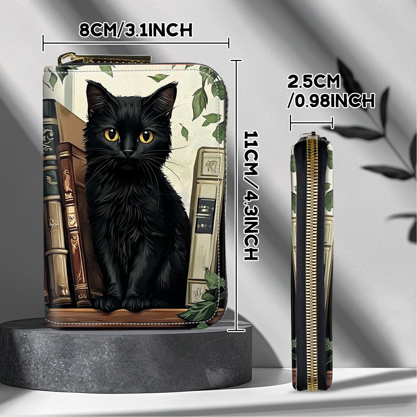 BWEGRHE Cute Credit Card Holder with Zipper, Black Cat Books RFID-Blocking Card Case Small Wallet for Women Men, Multi-slot Card Organizer Case Travel Accordion Wallet