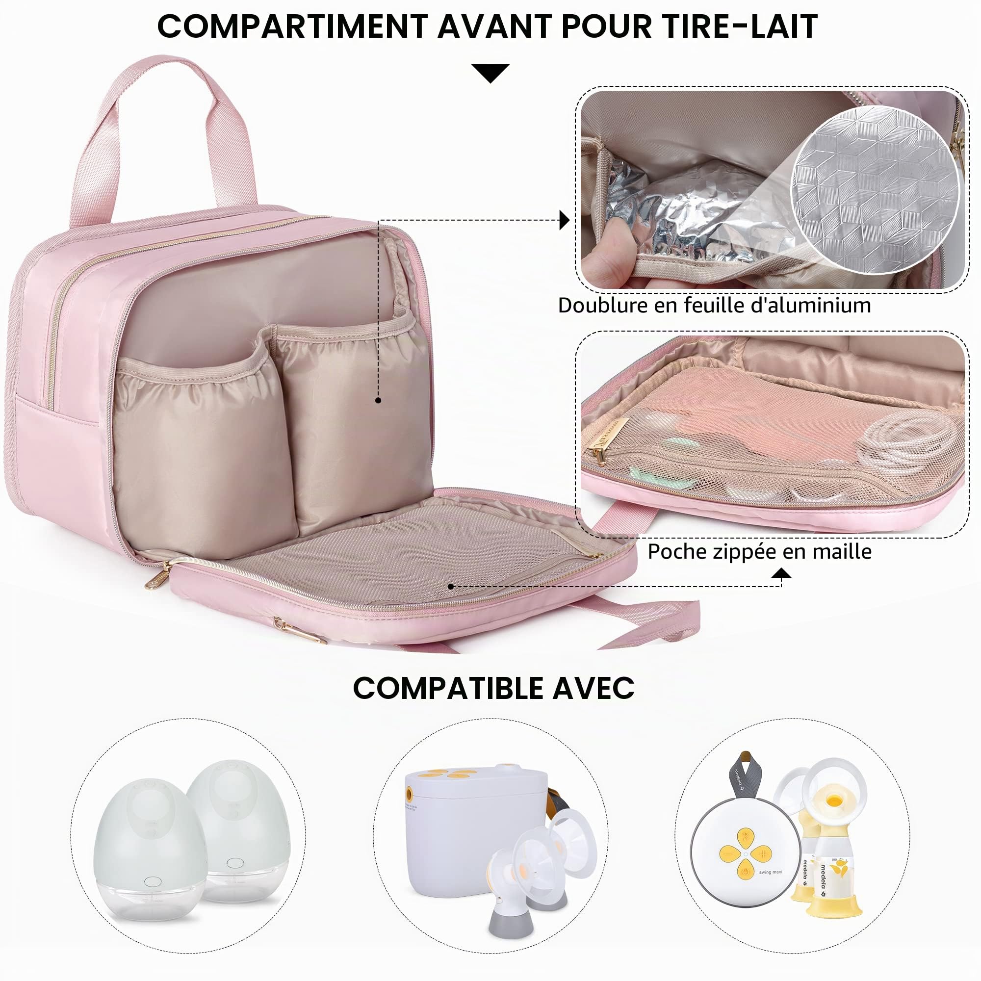 Fasrom Sac pour tire-lait portable avec glace compatible avec les tire-laits mains libres Elvie et Medela Pump in Style, étui de transport pour tire-lait portable pour les mamans qui travaillent, Rose