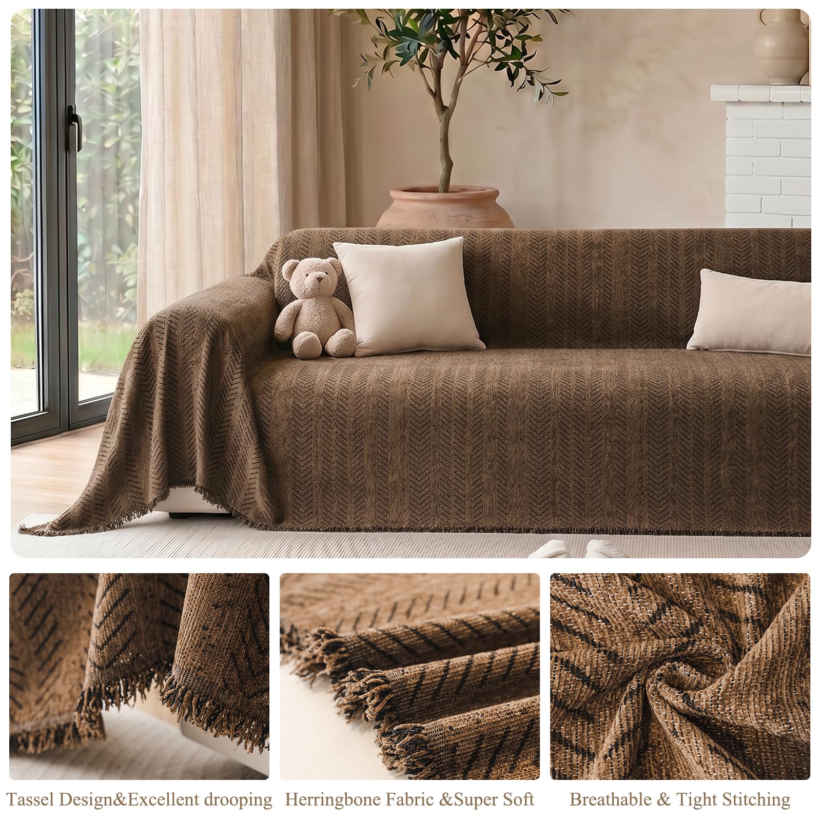 Homcomodar Sofa überzug 2 Sitzer Fischgrät Chenille mit Quasten Sofabezug l Form Wasserabweisend Waschbar Couch überzug Kratzschutz für Hunde Katzen Kinder Sofaüberwurf Braun 180x260 cm