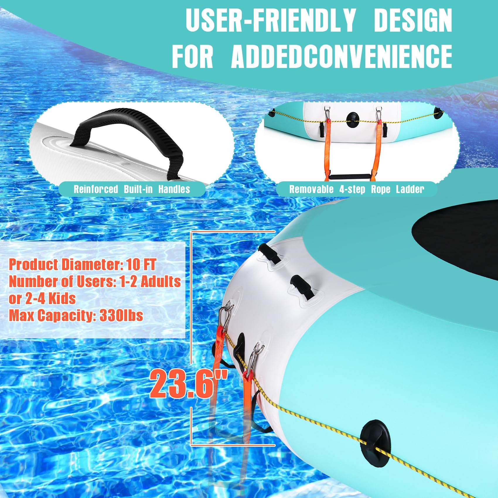 Trampoline aquatique gonflable, portable de 3 m, pour lac, piscine, mer, natation, pêche, hamac d'eau avec pompe et échelle en corde