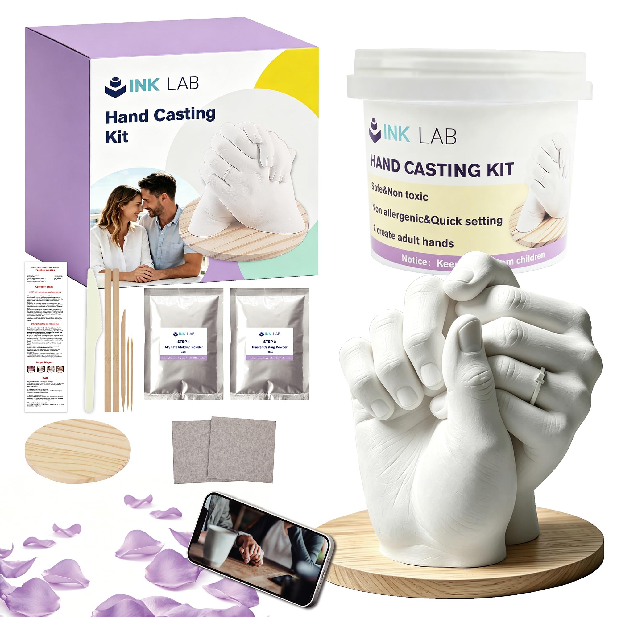 INK LAB 3D Hand Casting Kit for Couples Wooden Base Keepsake
