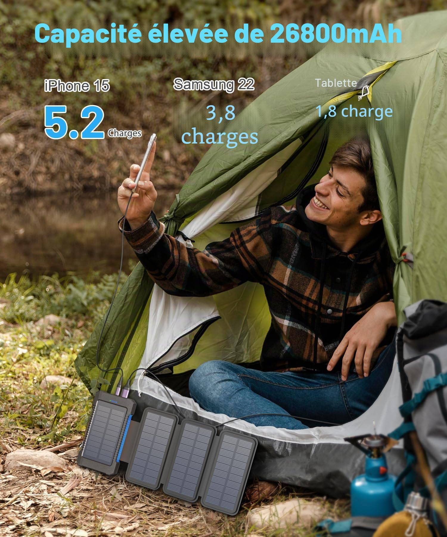 Chargeur Solaire 26800 mAh avec 4 Panneaux Solaires, Batterie Externe Solaire étanche avec Charge Rapide USB-C 18W pour Téléphones Portables, Tablettes, Ordinateurs.