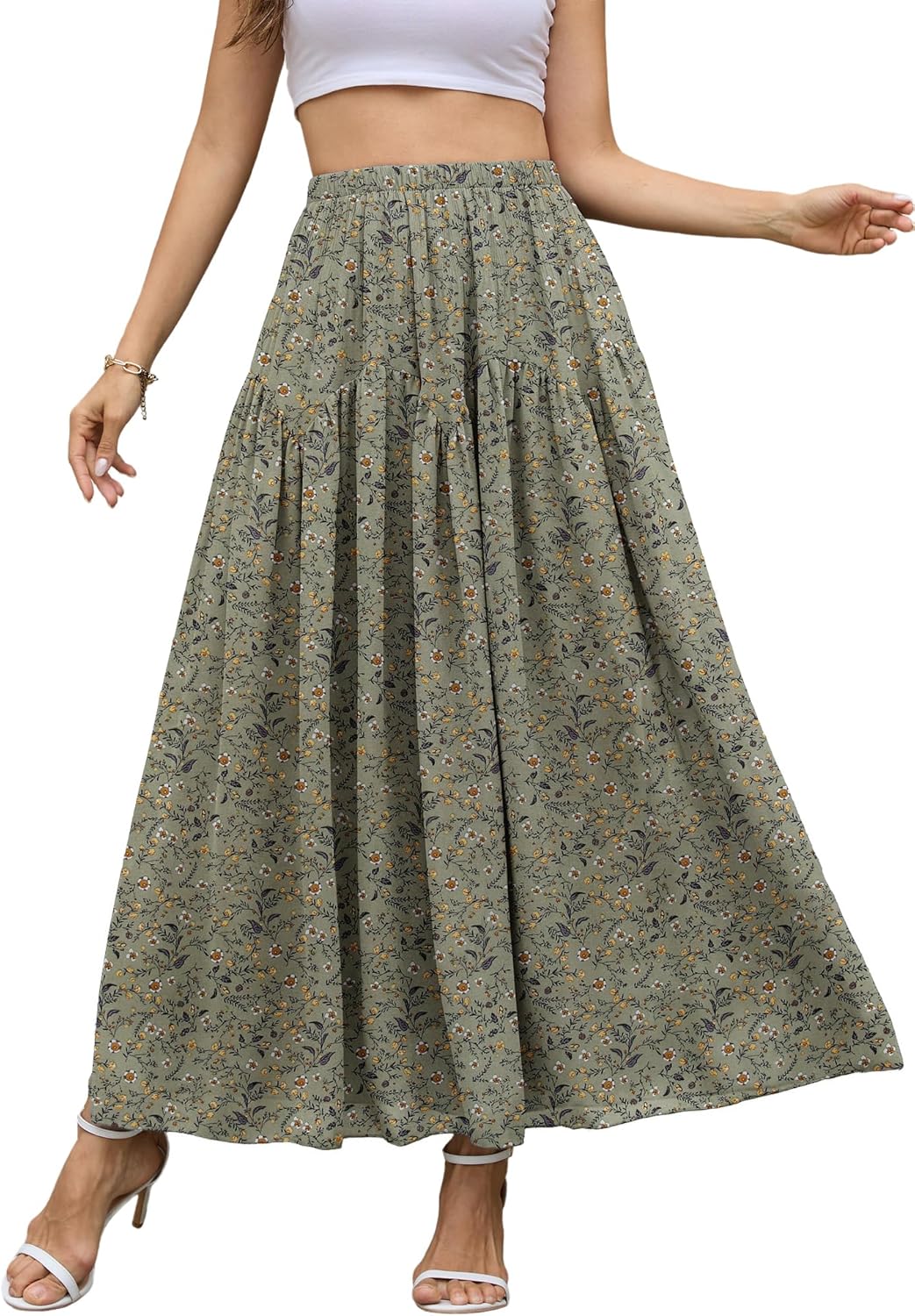 NASHALYLY Chiffon Maxi Skirt for Women A-Line High Waisted Elastic Floral Long Skirt