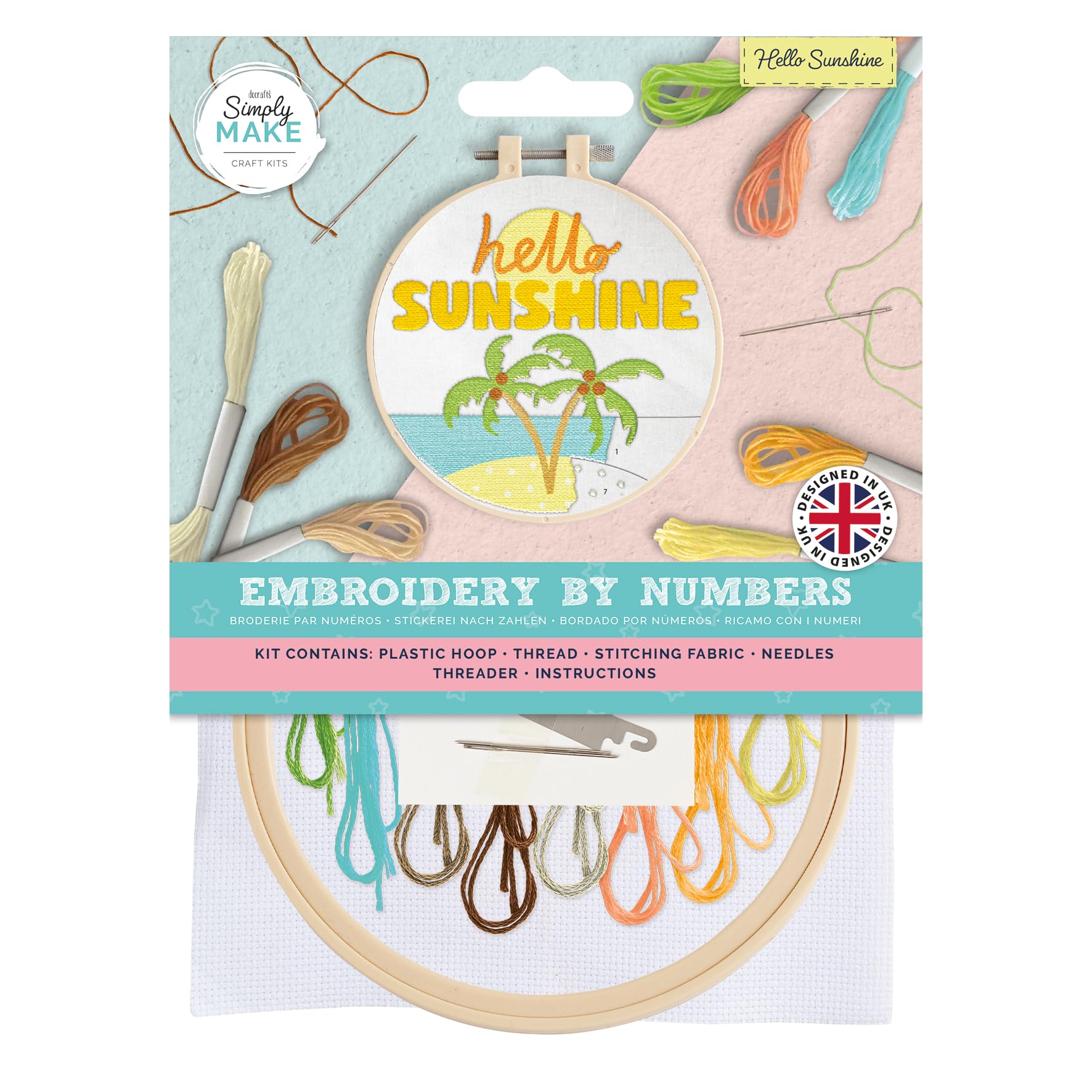 Simply Make Embroidery By Numbers Hello Sunshine, Multicoloured, Single Craft Kit, Stitch and Sewing Kit with Embroidery Threads, Craft Kits for Adults UK, Embroidery Kit with Embroidery Hoop