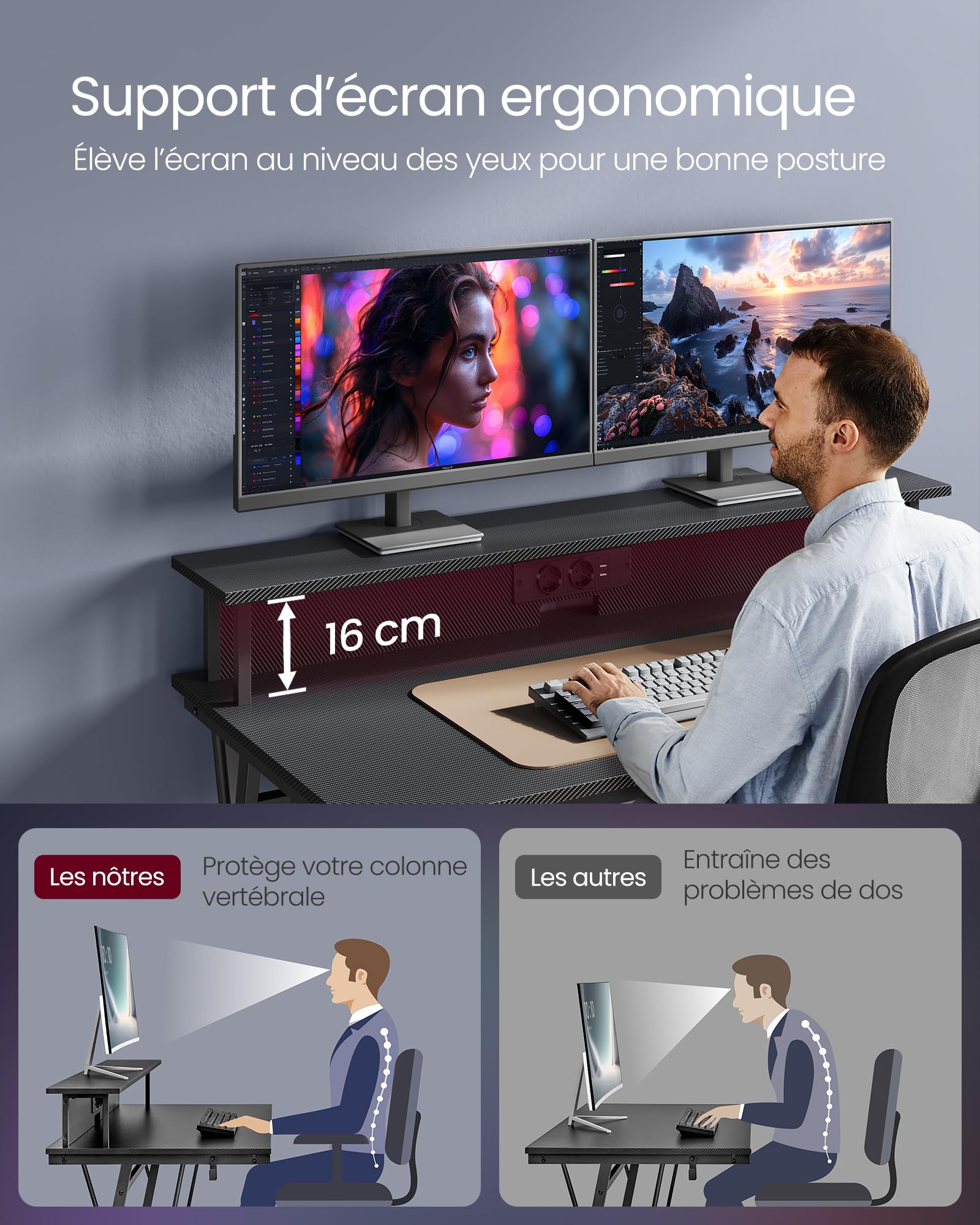 VASAGLE Bureau Gaming avec LED et Multiprise, Table Gamer, Bureau Informatique avec Rehausseur d’Écran, pour 2 Ordinateurs, pour Chambre, 60 x 100 x 76 cm, Noir Carbone LWD191B02