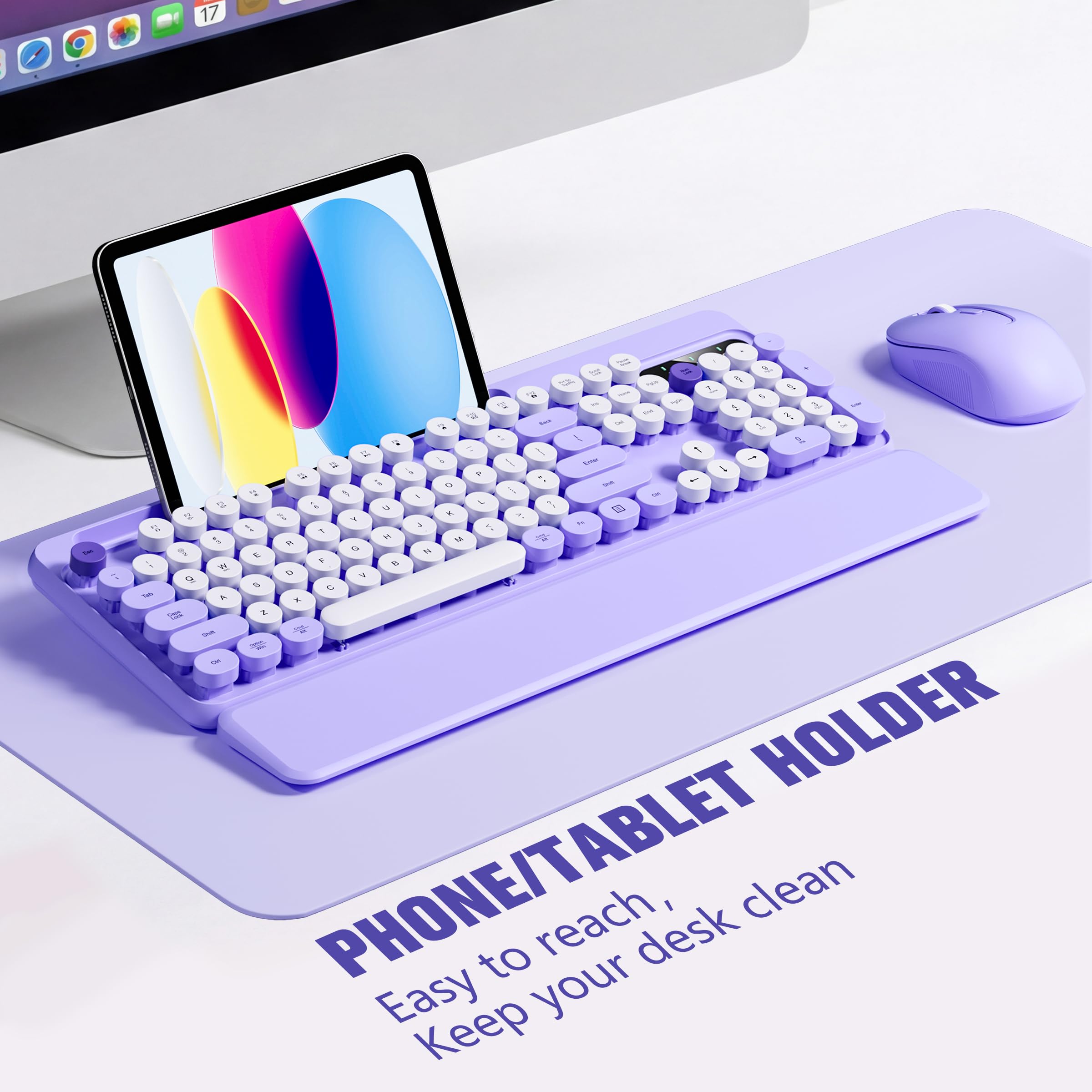Hamile Ensemble clavier et souris sans fil – Repose-poignet amovible, support de téléphone/tablette, clavier rétro de style machine à écrire, touches rondes colorées, sans fil 2,4 GHz pour Windows/Mac
