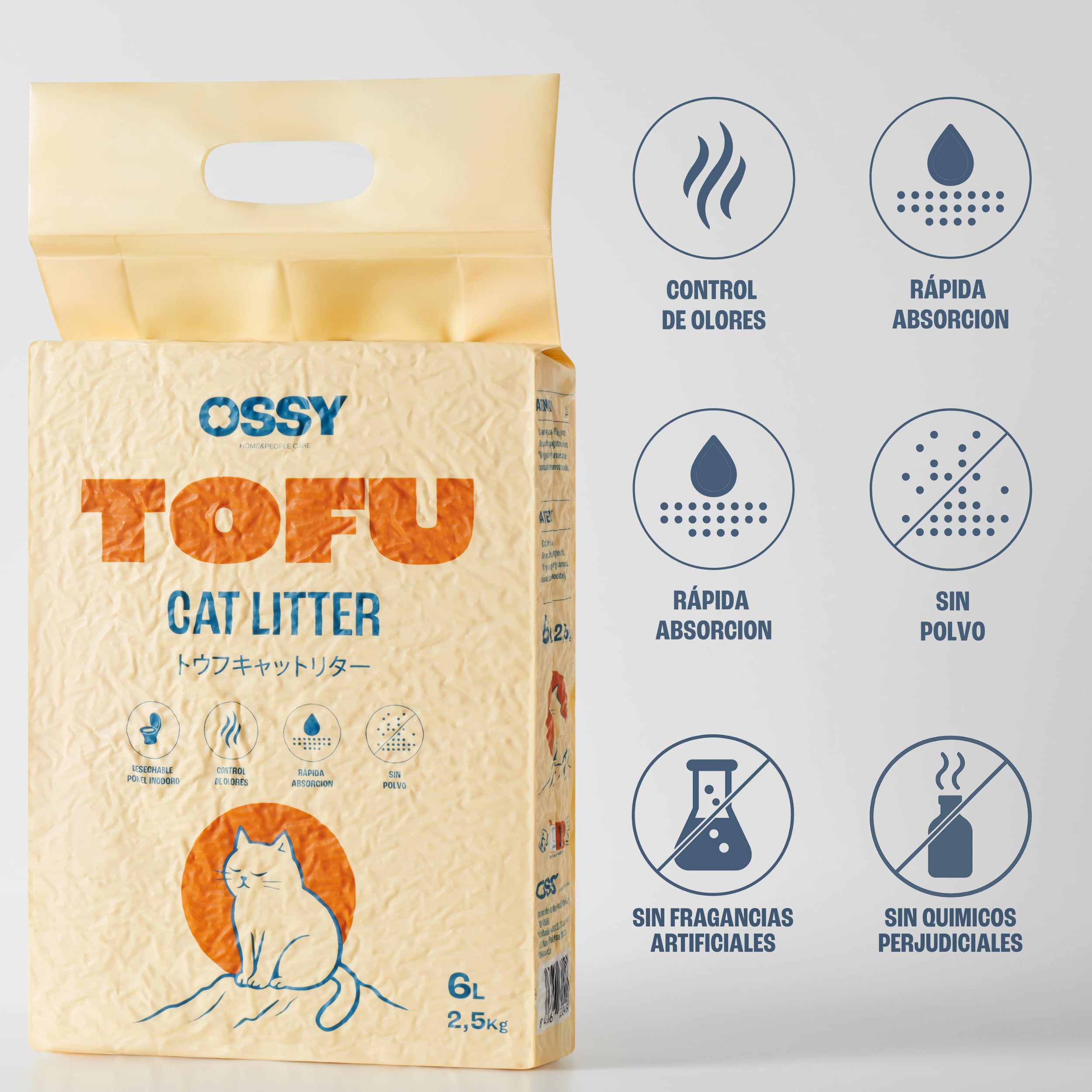 Arena de Tofu para Gatos OSSY X4 10Kg 24L Arena Super Aglomerante Desechable por WC Sin químicos Sin Fragancias Artificiales Libre de Polvo 5 Etapas de Filtrado Control Olores Natural.