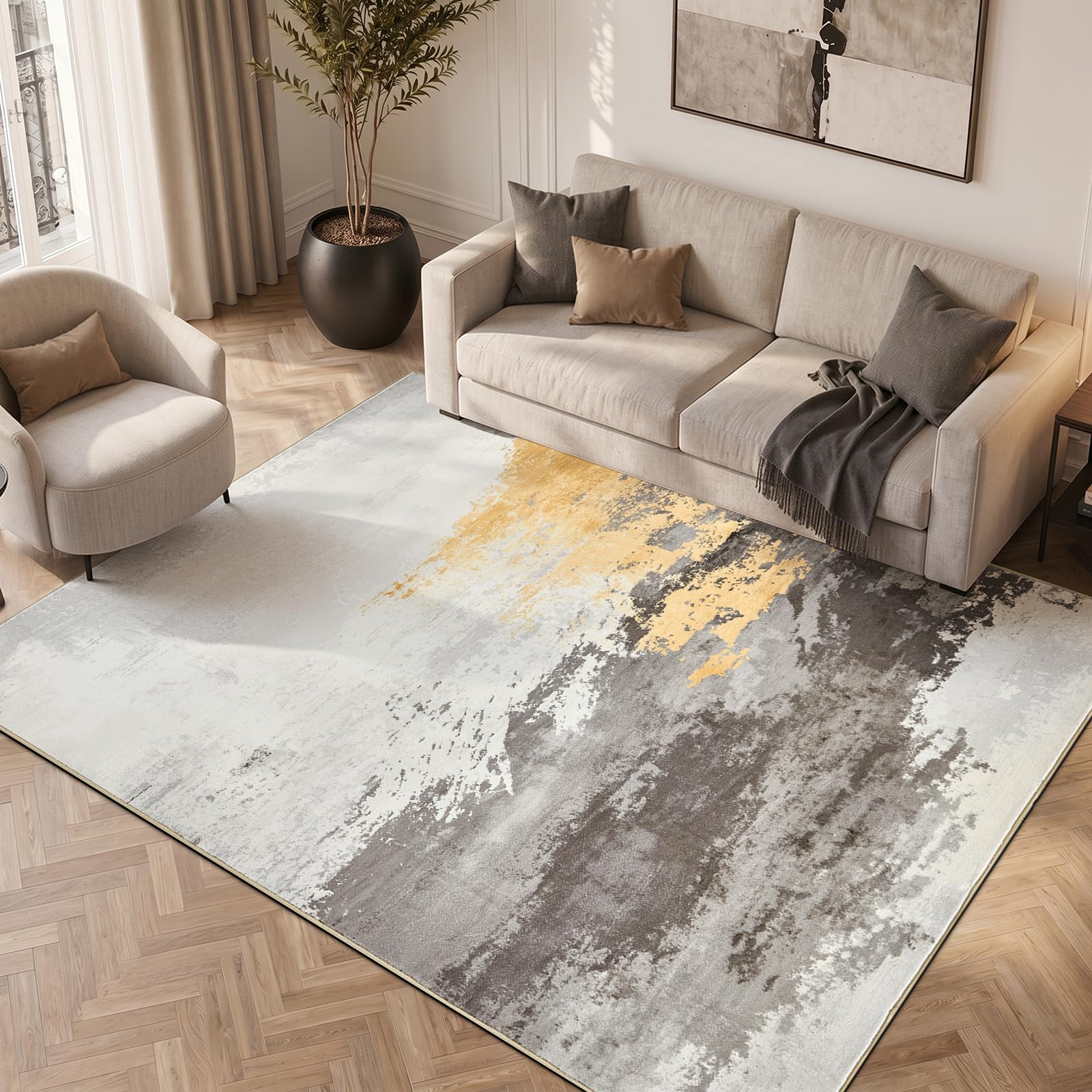 TOPICK Tapis de Salon Moelleux à Poils Courts 160x220 Motif Abstrait Gris | Antidérapant, Lavable en Machine, Fin, Pliable et Résistant, Facile à Entretenir, pour Salon et Chambre à Coucher