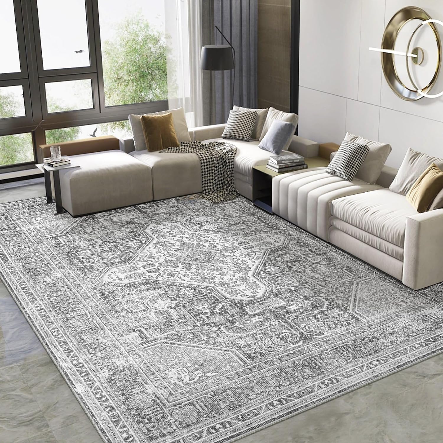 8x10 Area Rugs Washable Rug - Large Vintage Boho Living Room Rug Soft Anti-Skid Thin Carpet Indoor Floor Non-Slip Backing Carpets for Bedroom Dining Table Home Office Farmhouse (Gray, 8x10)