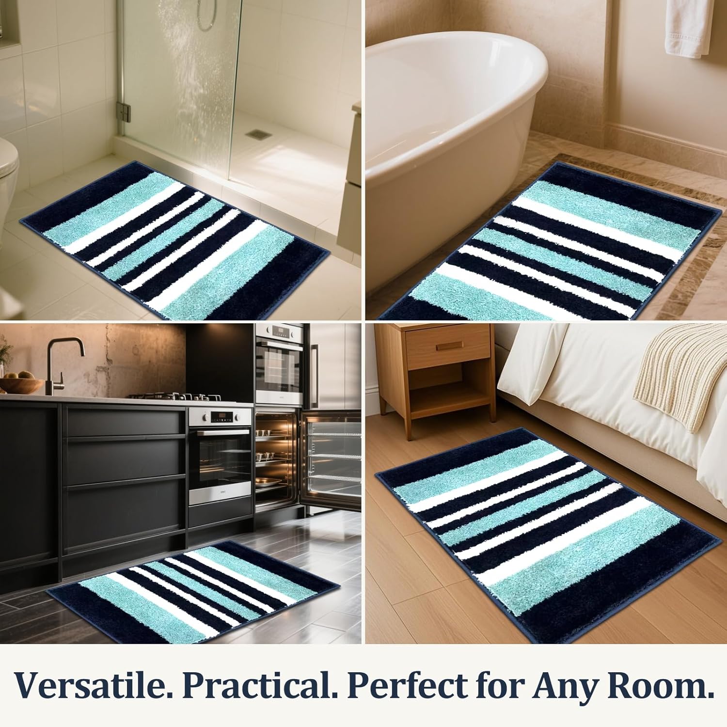 2 Piece Bathroom Rug Set 18''x28''+18''x28''– Soft & Quick-Dry Polyester Bath Mat Set with TPR Non-Slip Backing – Absorbent Bathroom Floor Rugs for Shower, Tub, and Sink. (Navy Stripes)