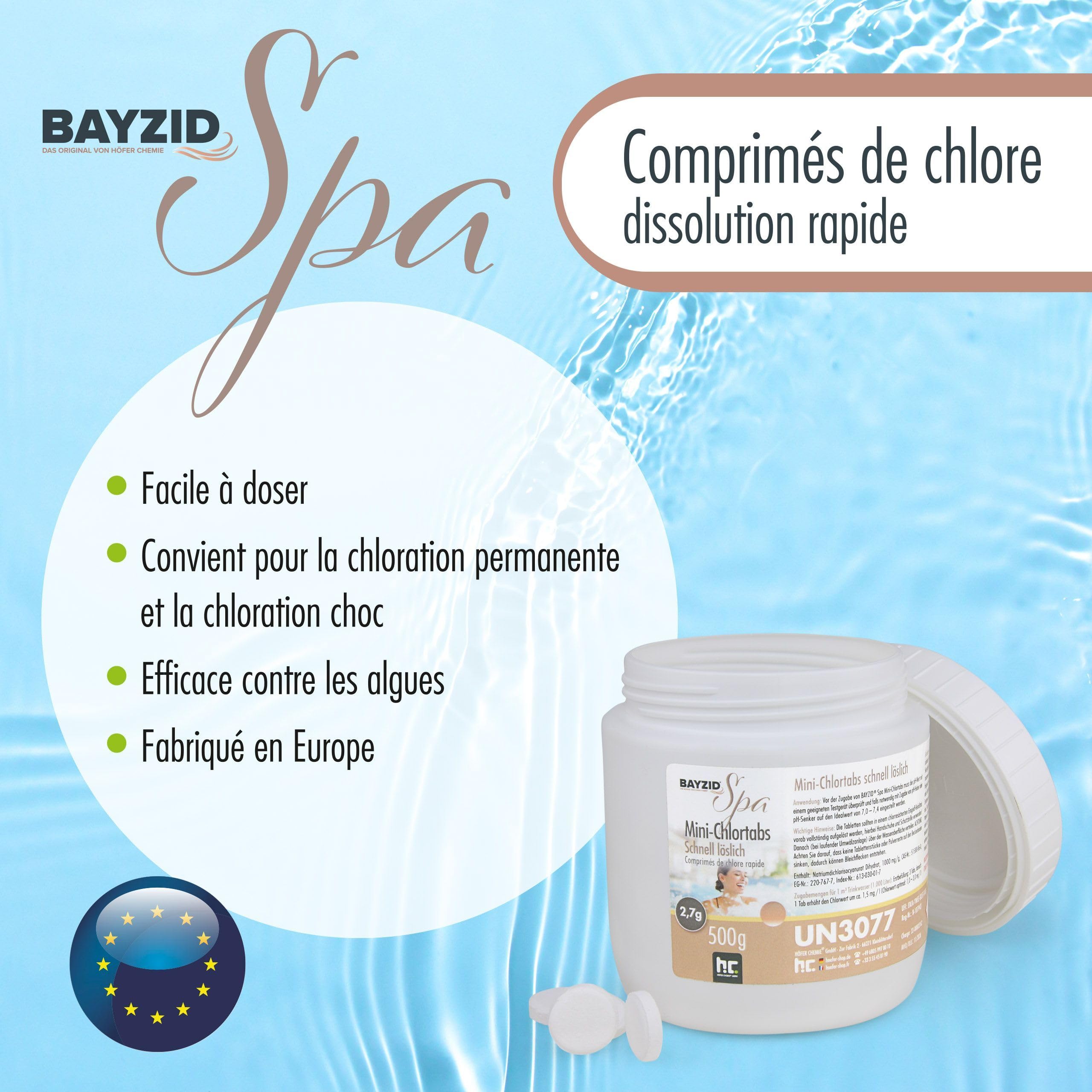 BAYZID® Mini Pastilles de Chlore 500 g– Désinfection Rapide pour Piscine, Spa, Jacuzzi et Pataugeoire – Chloration Choc et Permanente – Haute Pureté – Facile à Utiliser