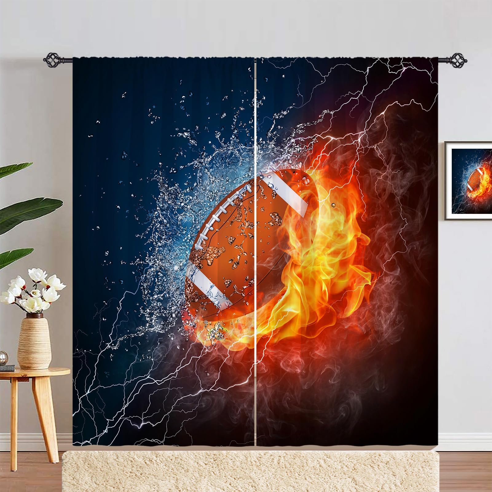 Kids Sports Curtains W42 x L84 Inch Rod Pocket Football Water Fire Rugby Flame Thunder Lightning Print Pattern Privacy Fabric Window Drapes for Boys Bedroom Nursery Baby Playroom 2 Panels