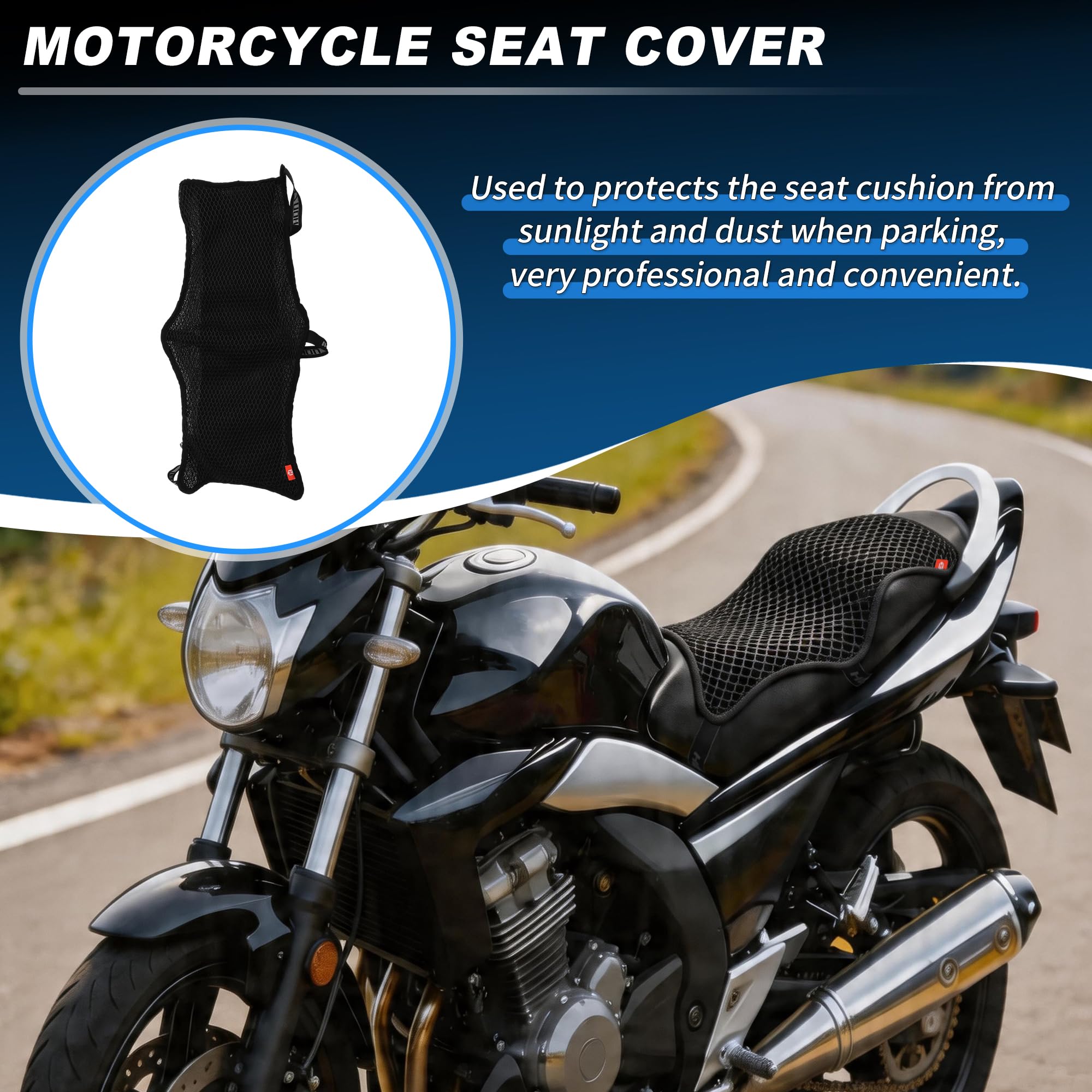 Universal Cuscino Sella Moto Nero fibre Poliestere (Tessuto 3D Mesh) Rete Antiscivolo Lunghezza 63 cm Larghezza 36 cm 1 Pezzo