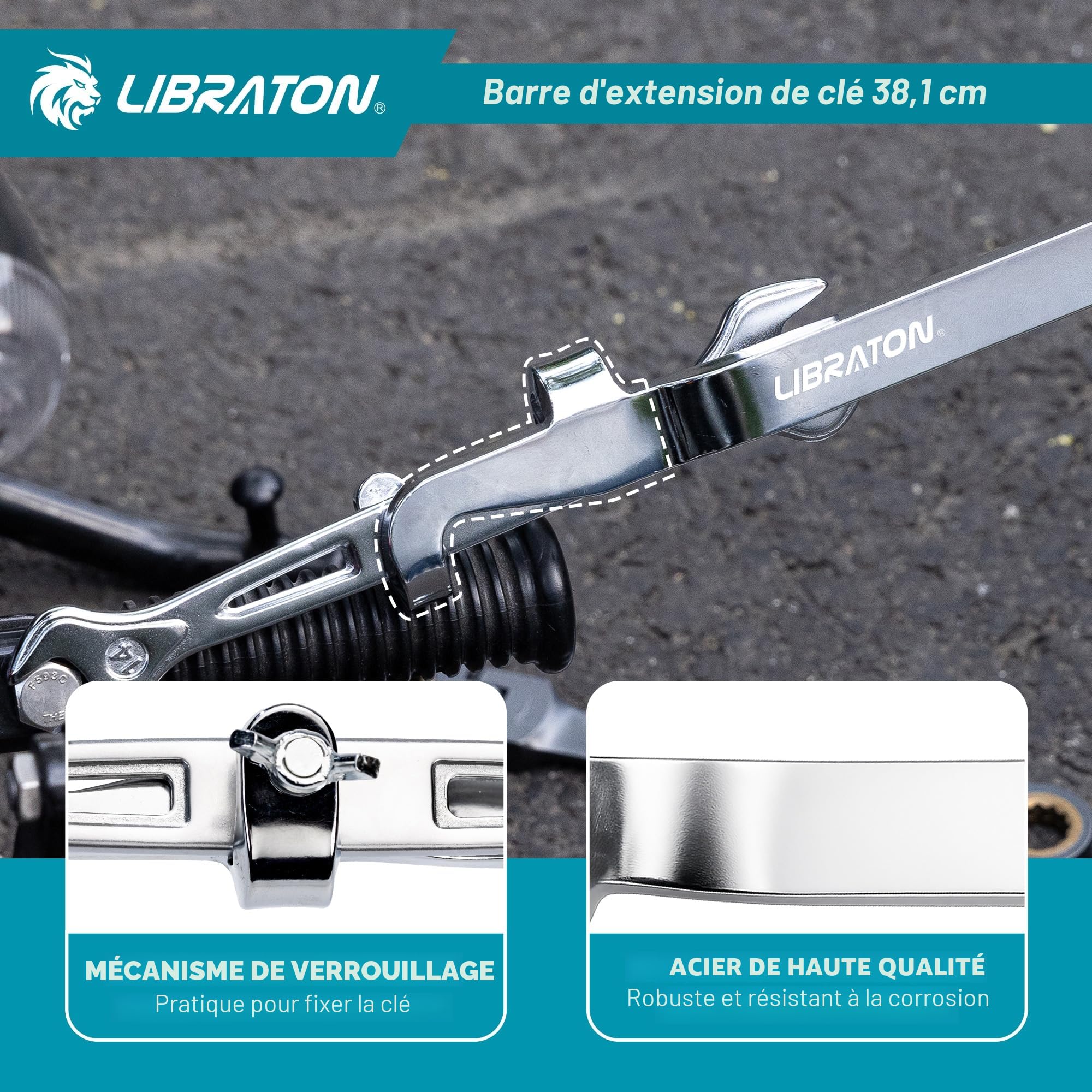 LIBRATON Rallonge de Clé de 38 cm, Extension de Clé Universelle Robuste pour un Effet de Levier Maximal, Outil de Barre d'Extension pour Réparation Automobile et Mécanique, avec Poignée Antidérapante