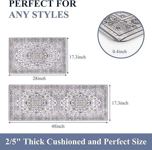 Miniatura 2 de HEBE Juego de 2 tapetes de cocina antideslizantes para el suelo, tapetes de cocina acolchados y impermeables, cómodos para cocina, oficina en casa,