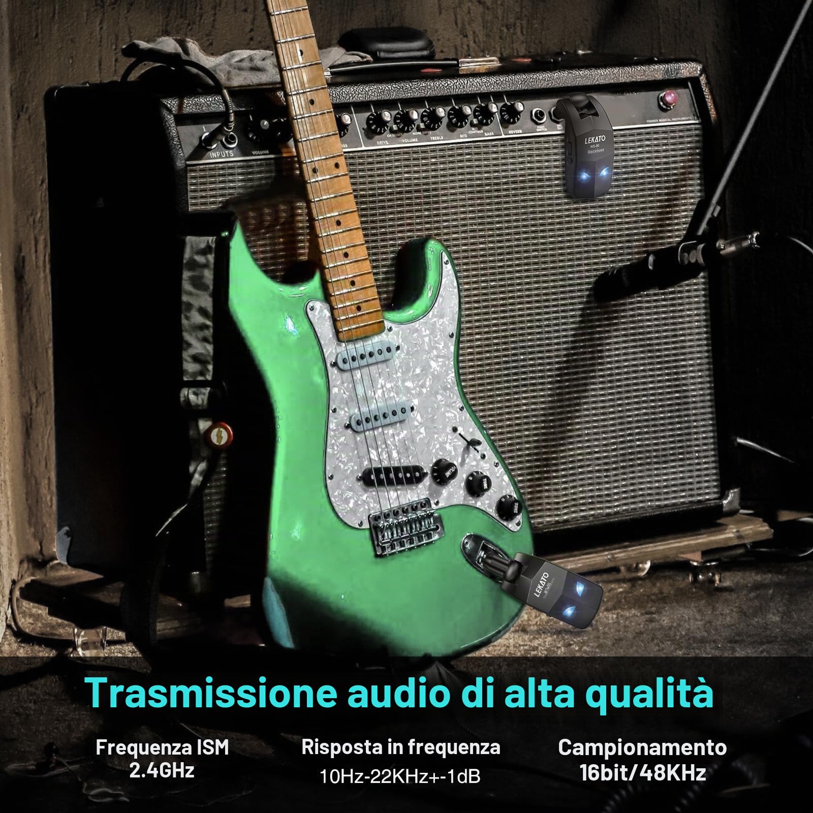 LEKATO Ricevitore Trasmettitore Wireless per Chitarra 2.4GHz Cavo per Chitarra Runtime 8H Dispositivo Wireless Ricaricabile per Basso Digitale per Basso(WS80)