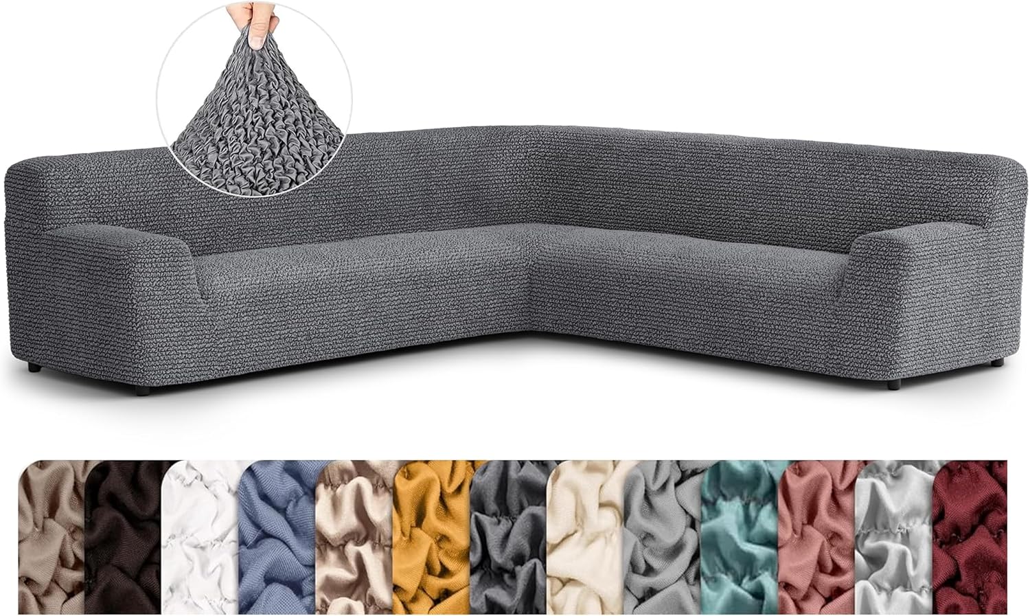 PAULATO BY GA.I.CO. Stretch Corner Sectional Couch Covers – Corner Sofa Cover – Elastic L Shape Sofa Slipcover - Sectional Slipсovers - Washable Furniture Protector - Dark Grey (198”-240” Wide)