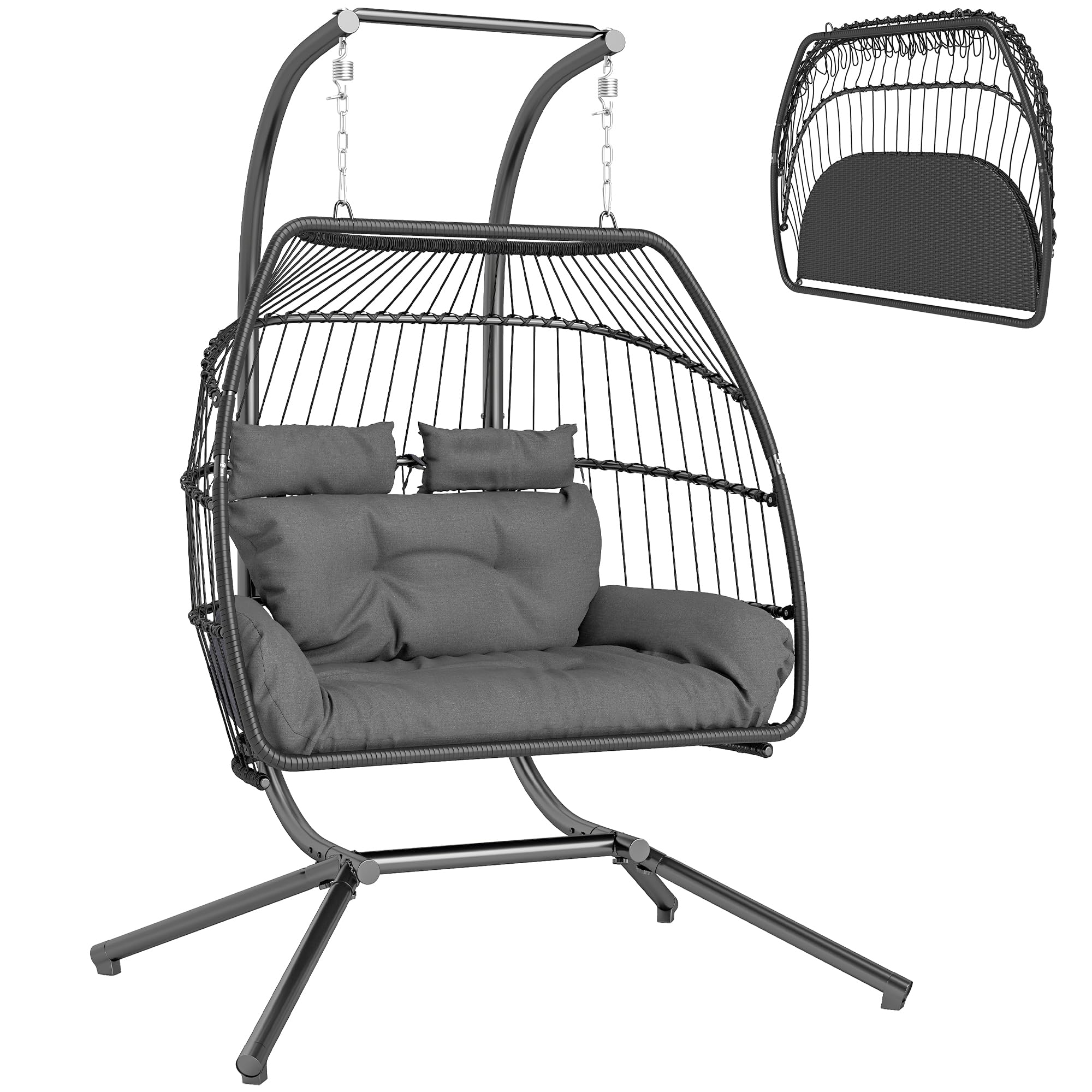 Outsunny Dark Grey 2 Seater Rattan Hanging Egg Chair With Stand And Cushion