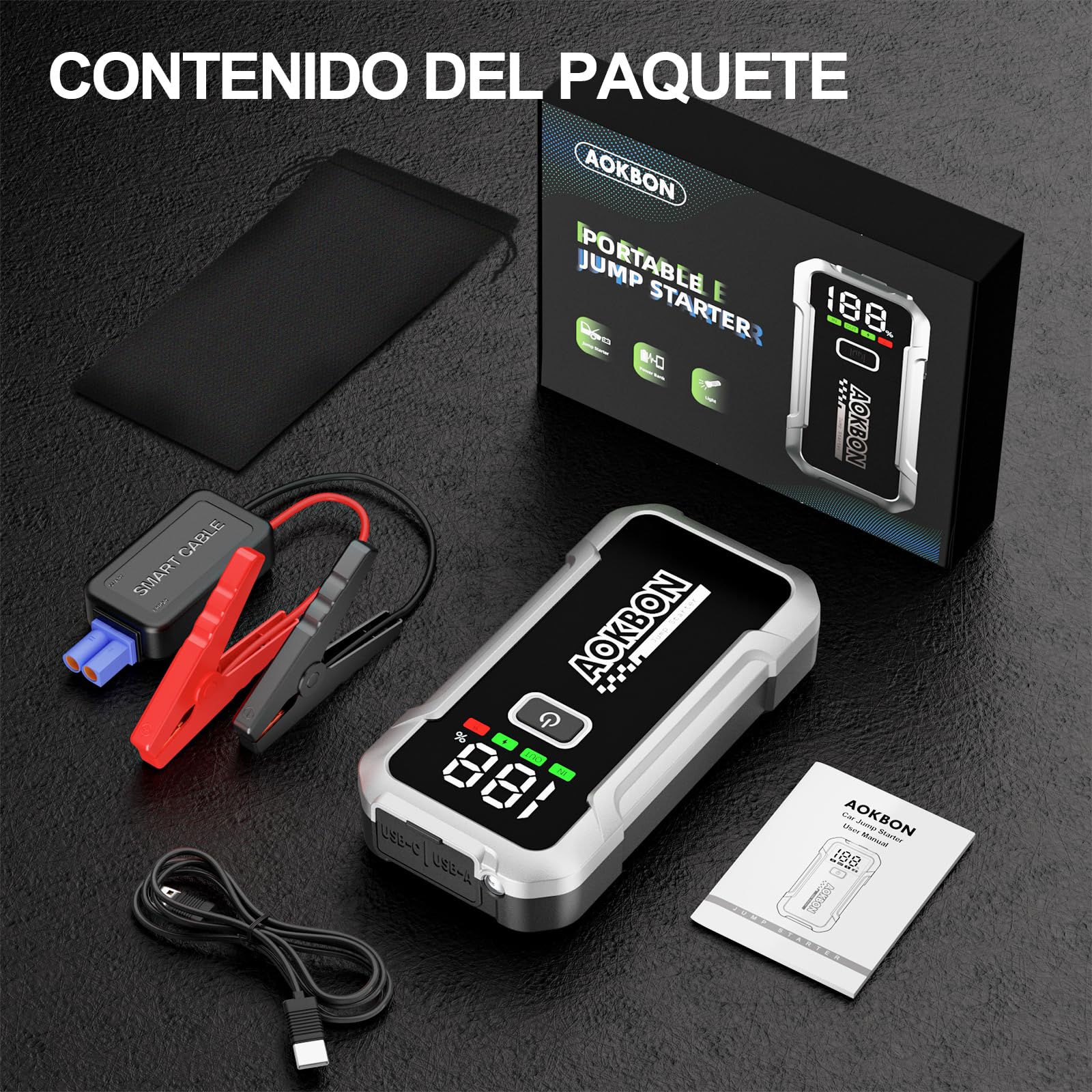 Arrancador de Coches 7000A 12V Arrancador de batería para Todo Gasolina o 10L de Diésel Booster con Pantalla LCD Grande Clips de Seguridad Inteligentes Carga USB y Luz LED