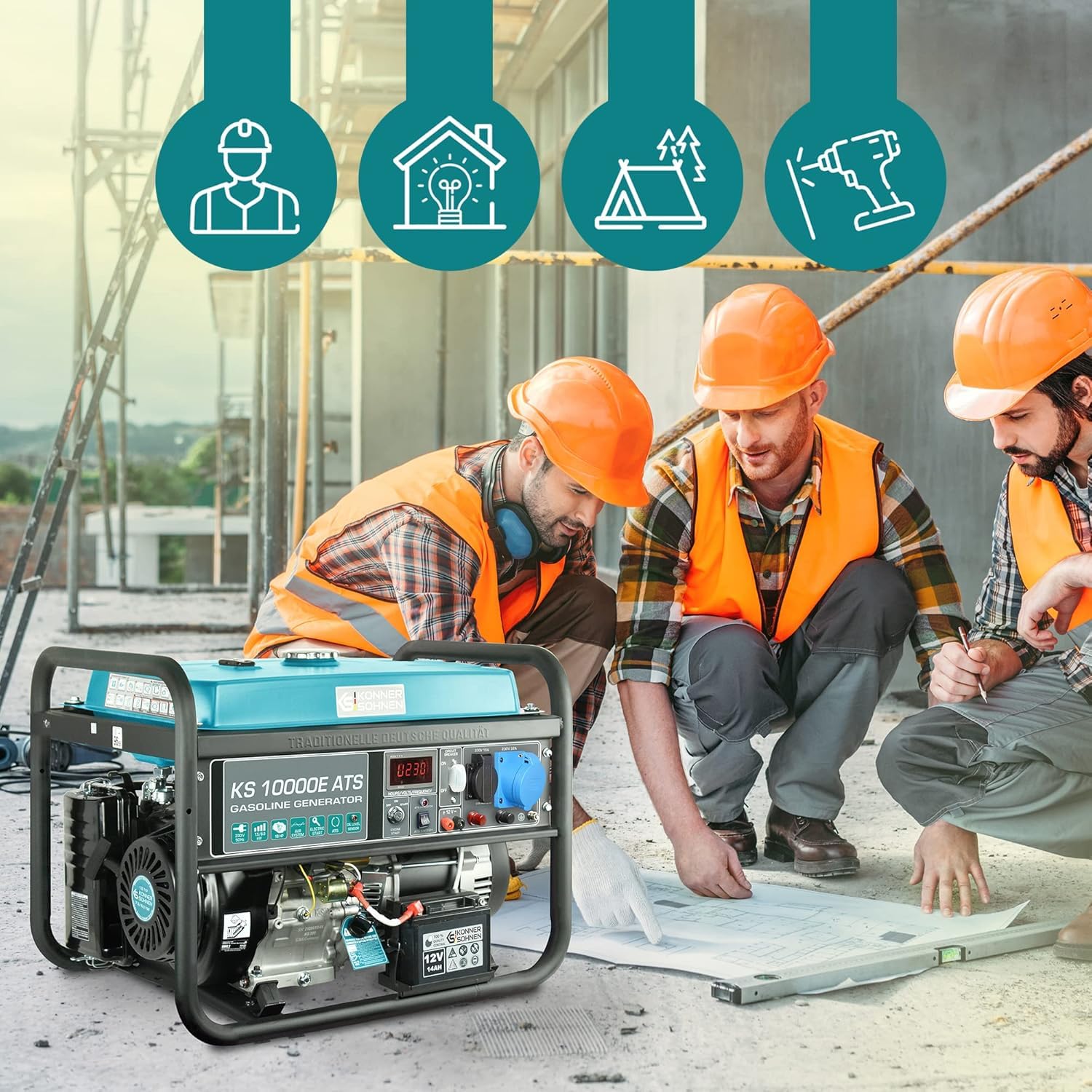 Generador de gasolina KS 10000E ATS con sistema ATS incorporado de una potencia máxima 8000 W, arranque manual/eléctrico/automático, 1x16A, 1x32A (230V), motor original EURO 5