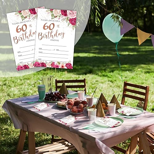 Miniatura 5 de TFCIATE B013 - Tarjetas de invitación para fiesta de cumpleaños número 60, 20 invitaciones de doble cara con sobres, color oro rosa rubor de 60 años