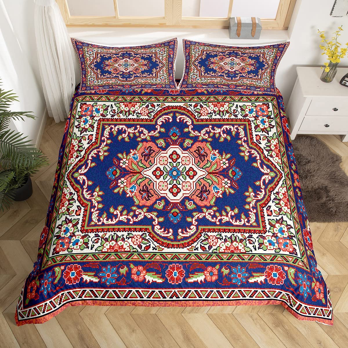 Homewish Boys Multi 03 Vintage Bedding Set Super King Floral Comforter Cover Medallion Bed Set Bohemian Paisley Duvet Cover Tribal Man Ala Quilt Cover Breathable Soft 3Pcs With 2 Pillowcase No Comforter