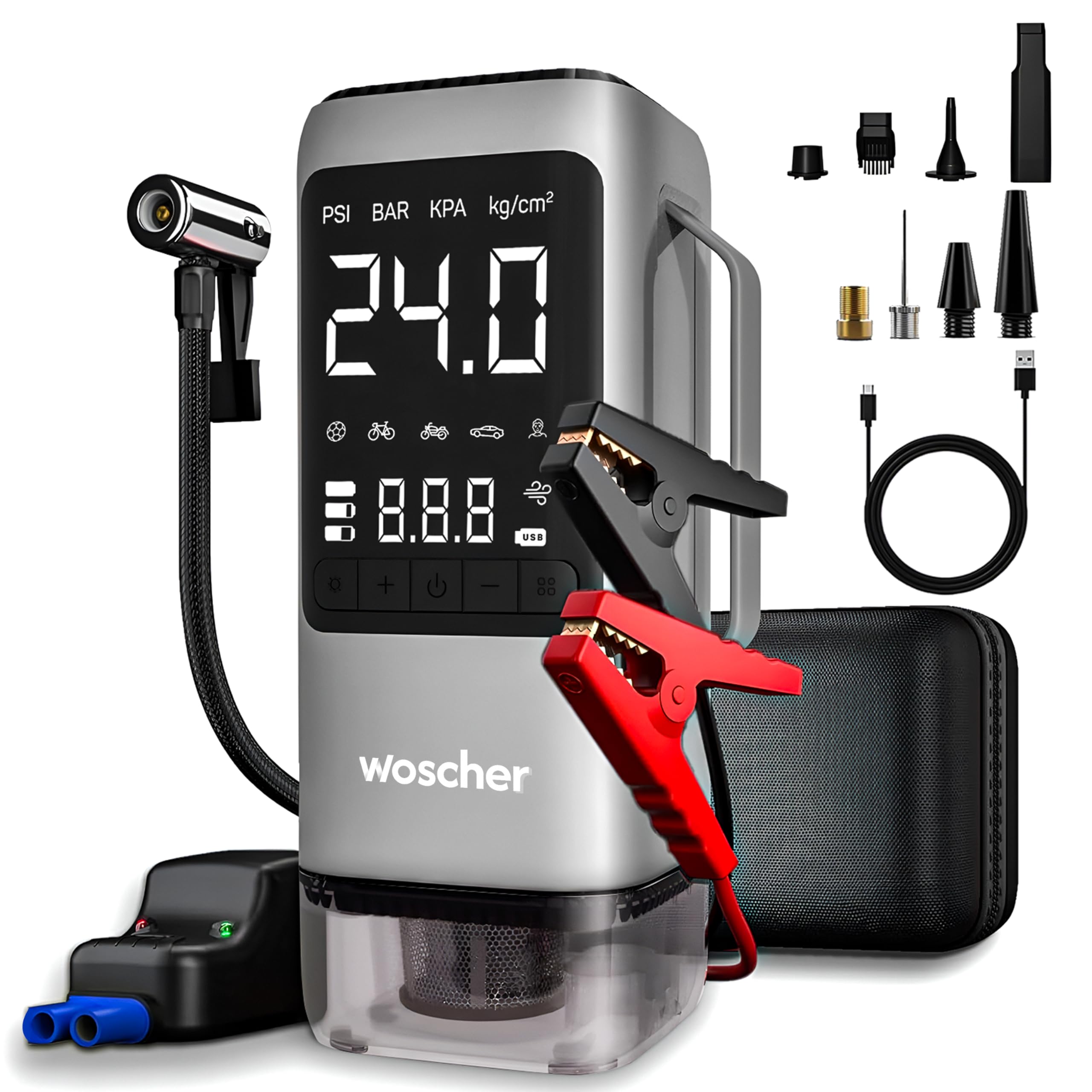 Woscher i5 6 in1 Jump Starter Battery, Digital Tyre Inflator 150PSI & Vacuum Cleaner, 8000mAh|Portable Power Bank|LED Light| 6L Petrol/3.0L Diesel Vehicle