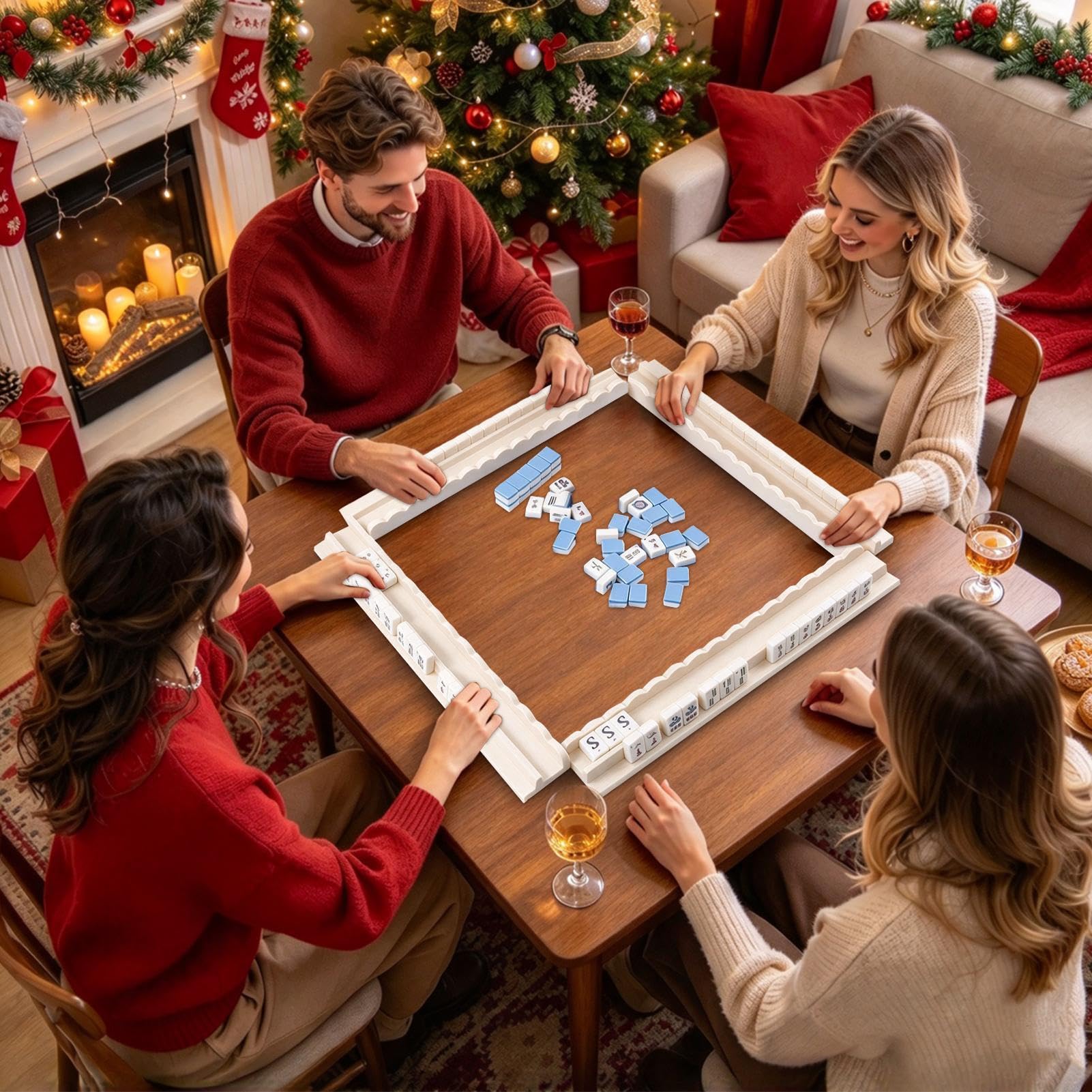 Mahjong - Supporto per piastrelle, in legno, con pulsanti integrati