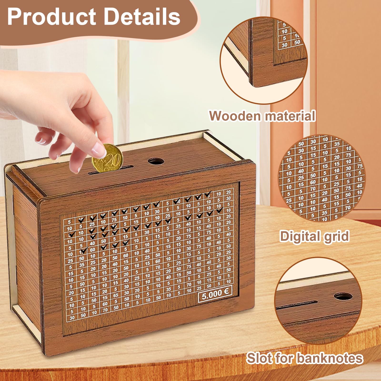 Boîte d'épargne avec Marqueur et Compteur Objectif - Tirelire à Cocher avec Chiffres pour Aider Les Enfants à Commencer à Economiser (5000€) - 4