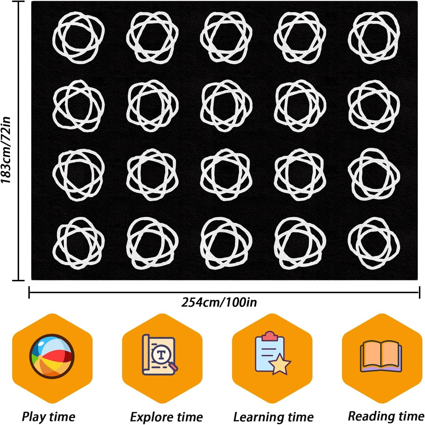 Large Classroom Rug for Elementary, Black Classroom Carpet with White Circles Abstract, 6×8.4ft Kids Playroom Rug, Educational Area Rug for Daycare, Preschool Playmat Seats 20