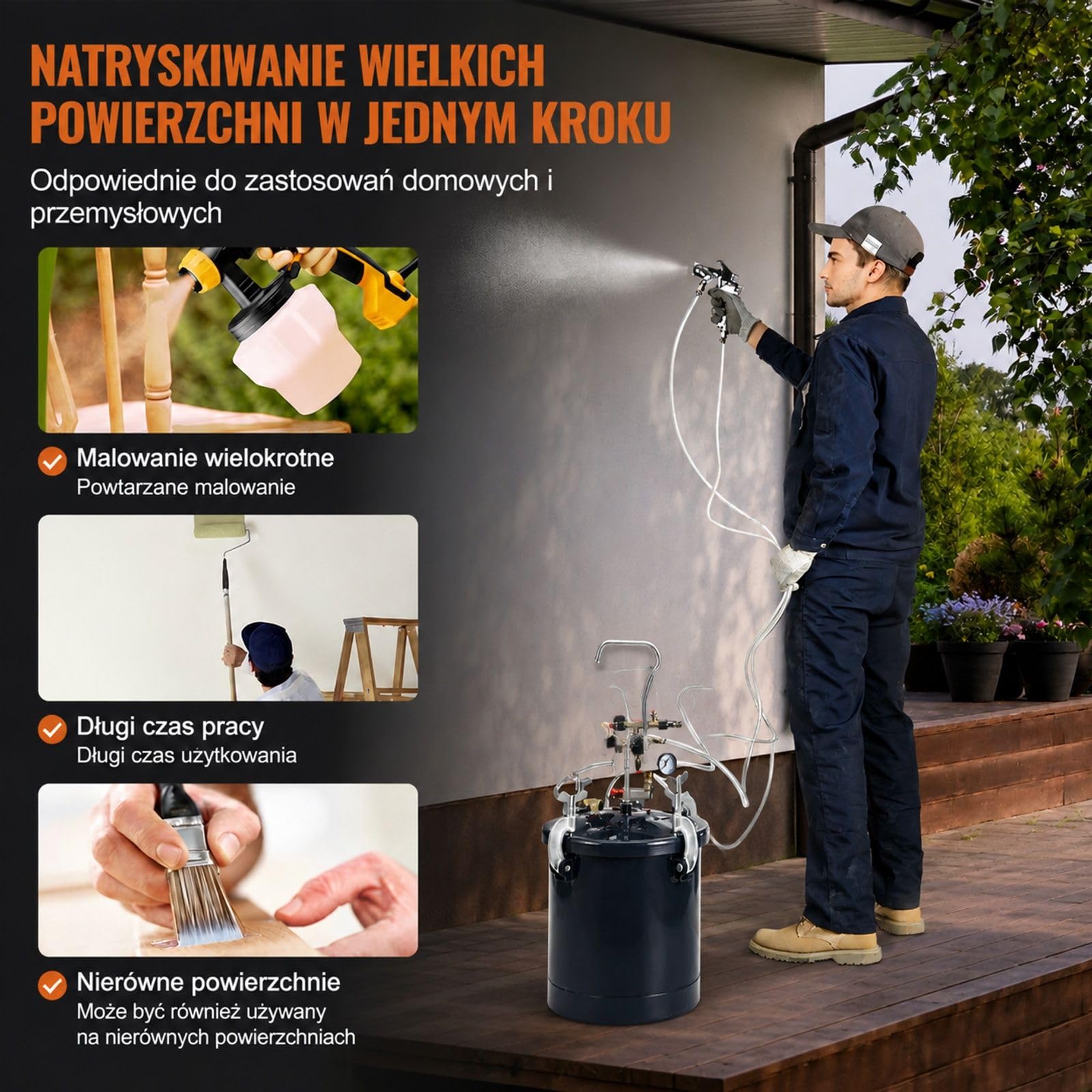 Zbiornik ciśnieniowy na farbę 10 L z pistoletem natryskowym, pojemnik do lakierów i bejc, 60 PSI