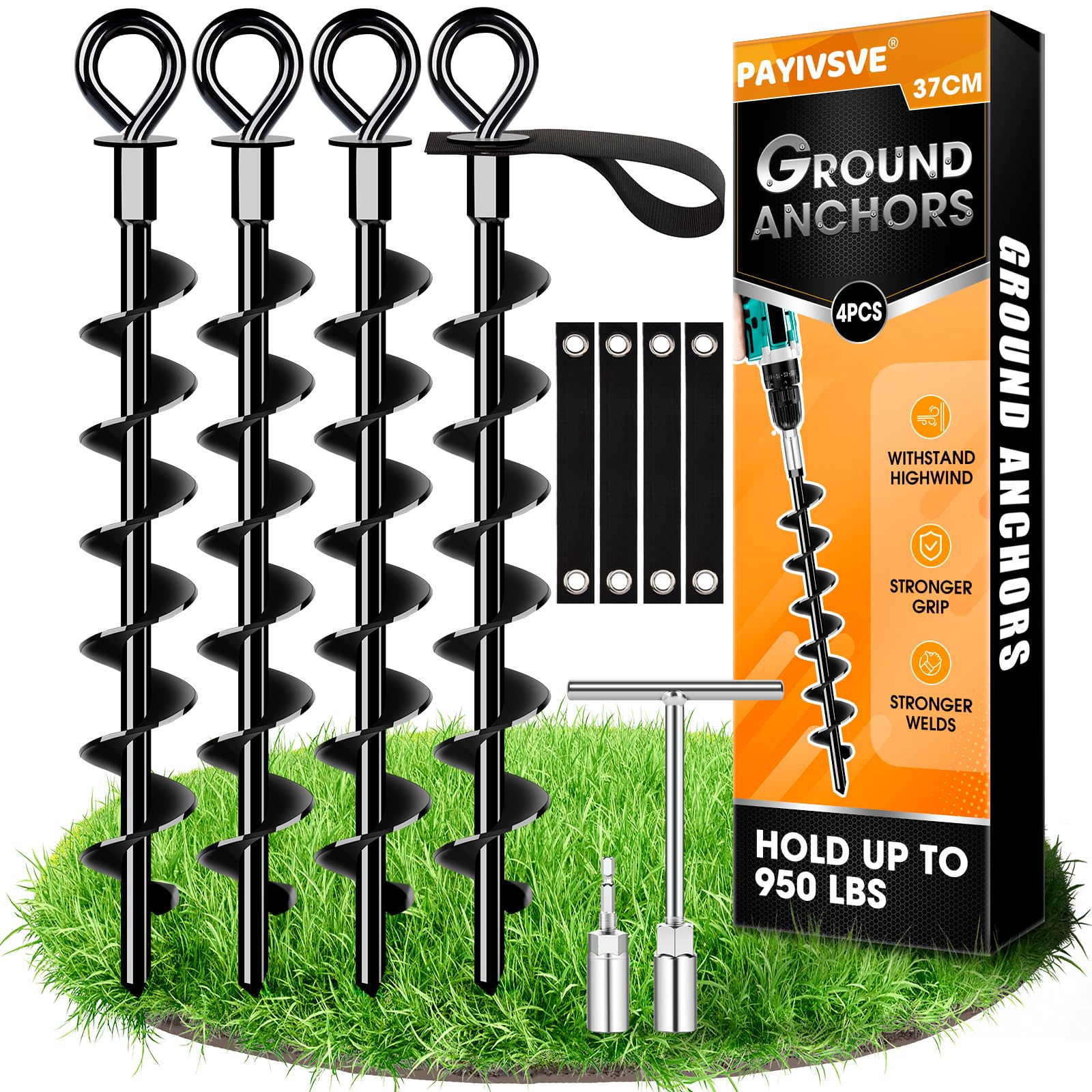 Schwerlast Bodenanker 4 Pack,Robust voll verschraubter Erdanker mit Gurten zur Befestigung von Trampolinen, Vordächern, Schaukeln usw