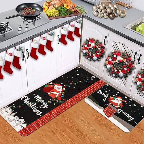 Miniatura 2 de Yinhua Alfombras de cocina de Navidad, tapetes de cocina de Navidad para suelo con 8 calcomanías antideslizantes, alfombras de cocina