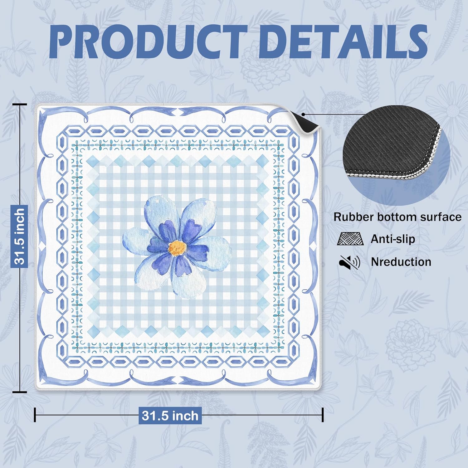 Blue Plaid Floral Mahjong Mat 31.5 x 31.5 Inch, Grandmillennial Flower Checkered Non-Slip Noise Reduction Mahjong Table Mat for American Mah Jong Poker Card Board Games Dominoes