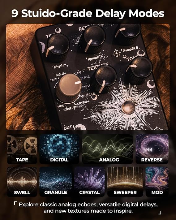 Everlast Delay Pedal for Electric Guitar - Improved 2025 Version Digital Guitar Effects Pedal with 9 Stereo Delay Types Tap Tempo True Bypass Analog Dry-Through Expression Pedal Support