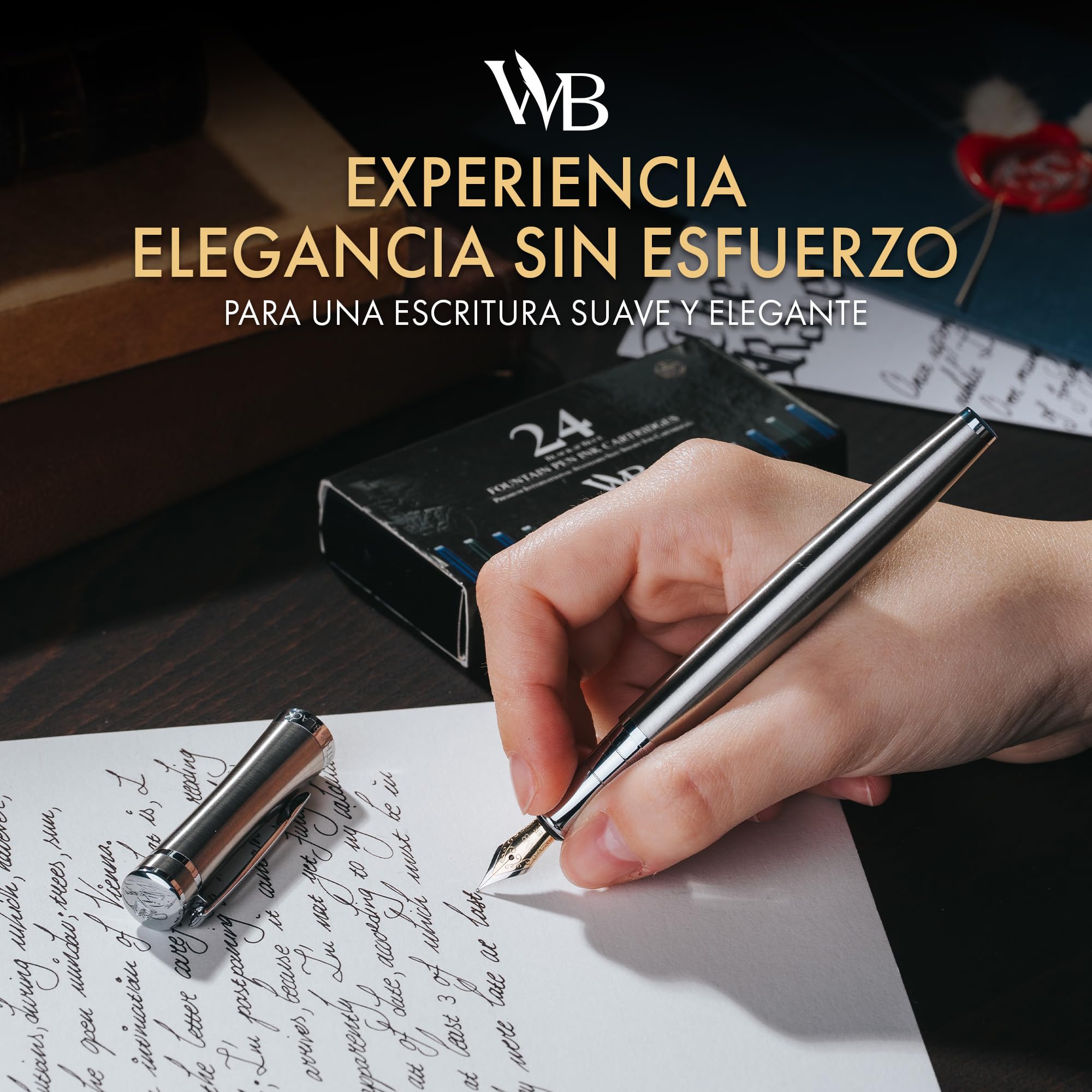 Wordsworth & Black - Juego de plumas estilográficas medias, incluye 6 cartuchos de tinta y un convertidor de recarga de tinta, estuche de regalo, para caligrafía, escritura lisa, cromado y plateado