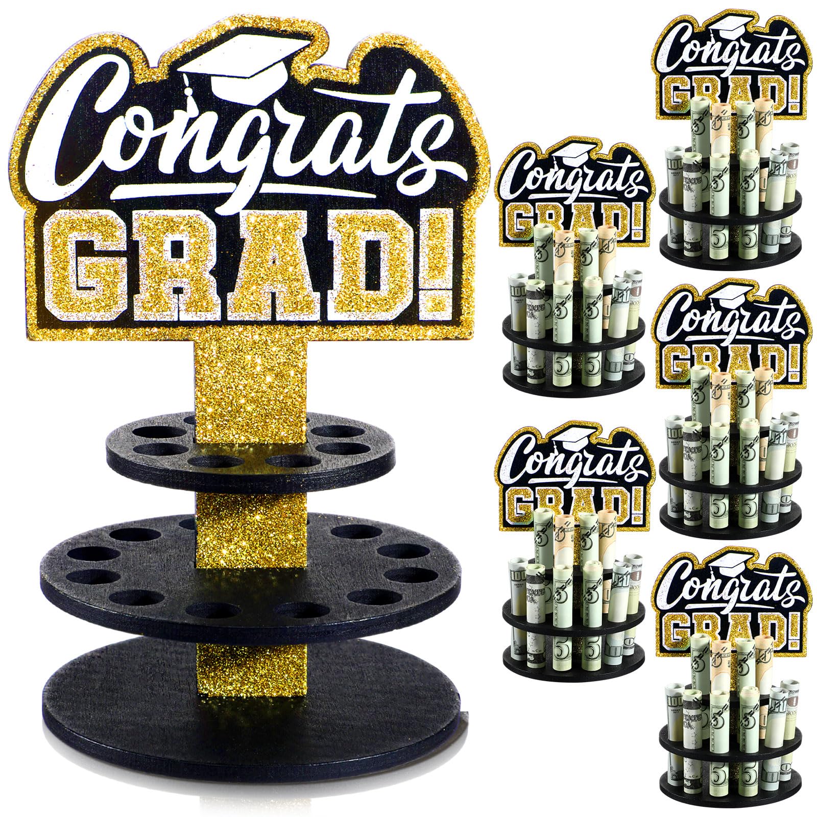 Photo 1 of 6 Pcs 2024 Graduation Gift Money Holder Graduation Cash Cake with 20 Holes Wooden Tiered Tray Cash Holder DIY Greeting Gift for Congrats Party Decoration 2024 Grad Party Supplies(Classic)