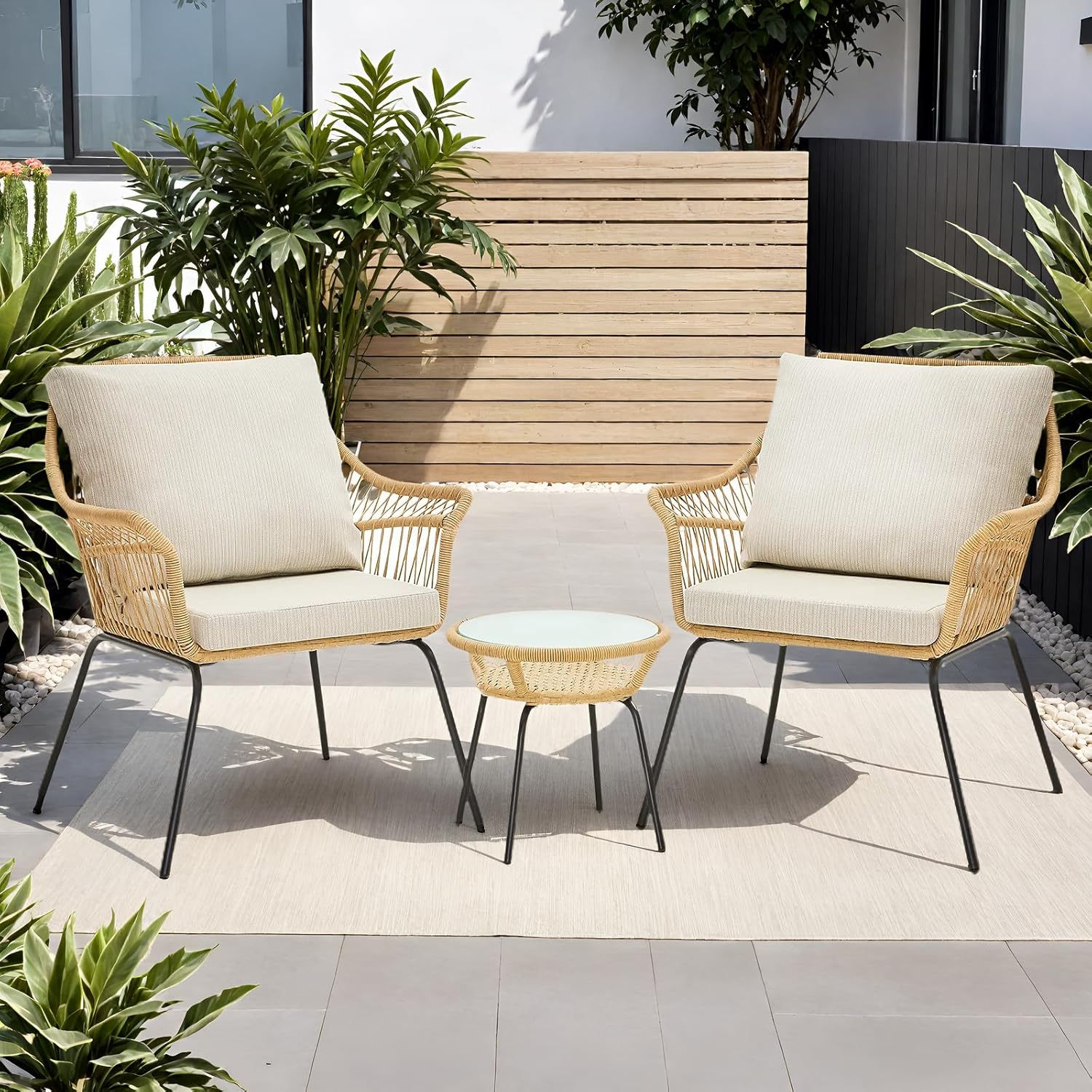 ONBRILL 3 Piece Patio Bistro Set, Small Patio Furniture Set, Outdoor Wicker Chairs Set, Outdoor Rattan Chairs & End Table, with Weather-Resistant Cushions for Balcony Porch, Tempered Glass Tabletop