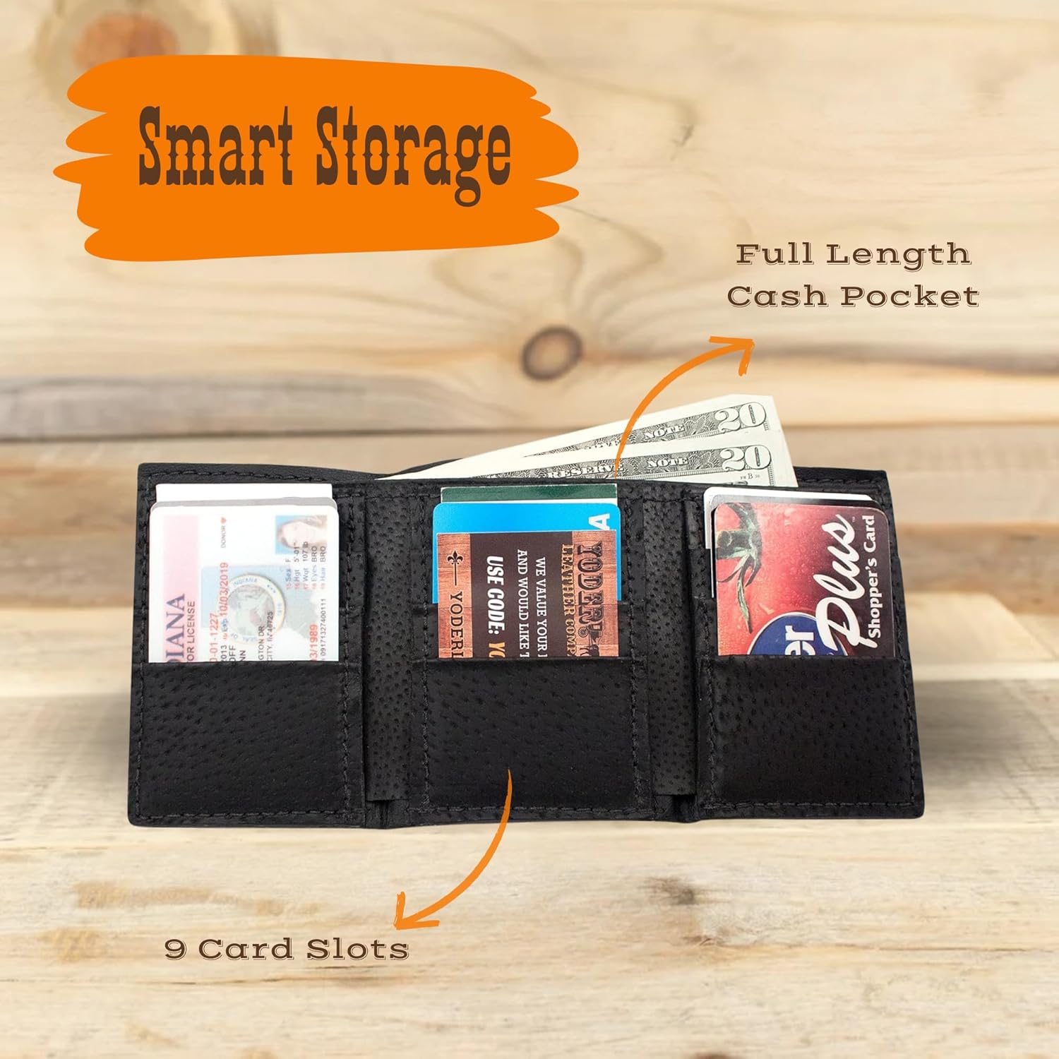 Genuine Buffalo Bison Trifold 9 Card Leather Wallet Handmade (Black) - Image 4