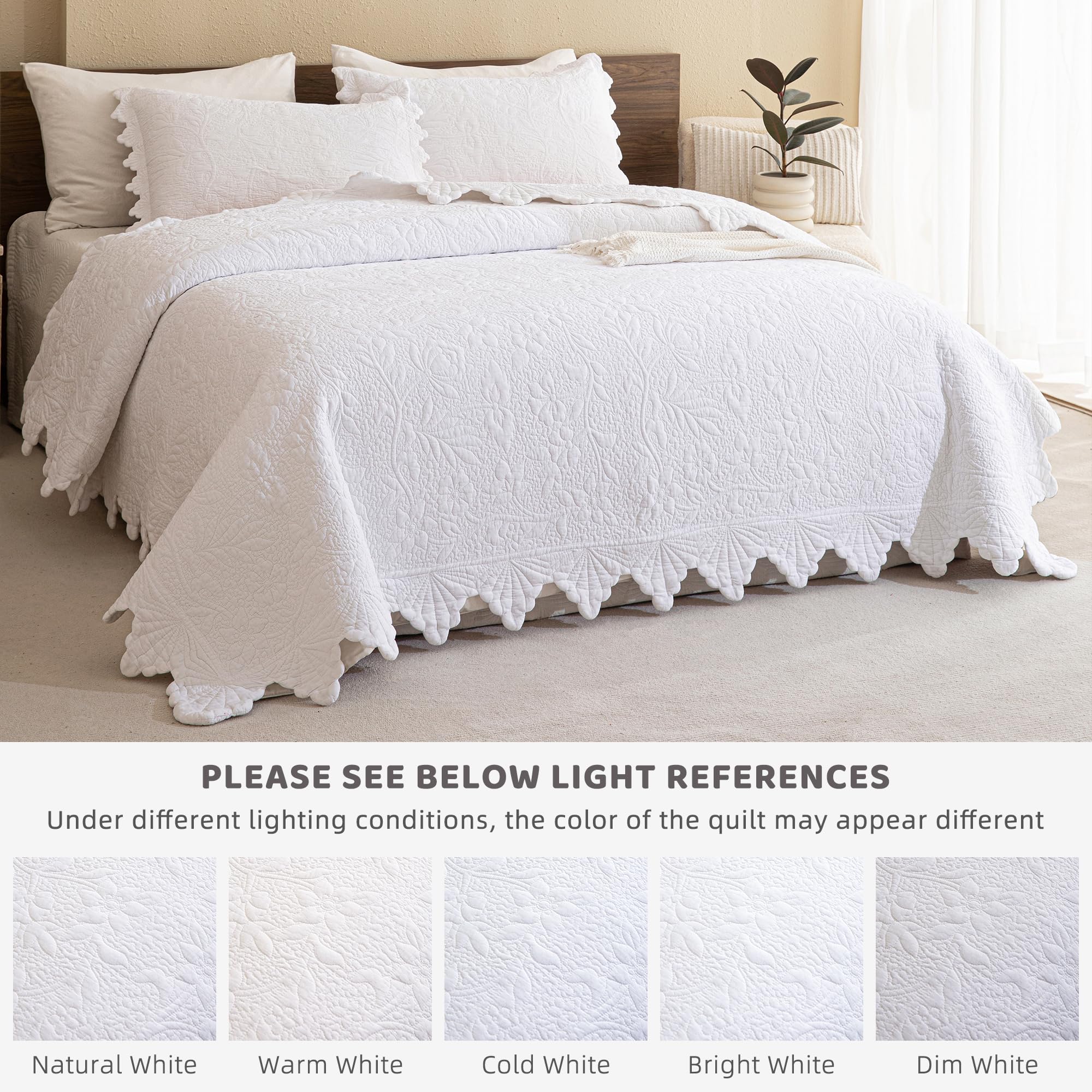 Sanracie Cotton Quilt Set-White Queen Size Quilted Bedspread Sets,3-Piece Embroidered Summer Qulit Bedding Sets(90"x98") Farmhouse Scalloped Edge Queen Bedspread Coverlet Shabby Extra Soft Bedding
